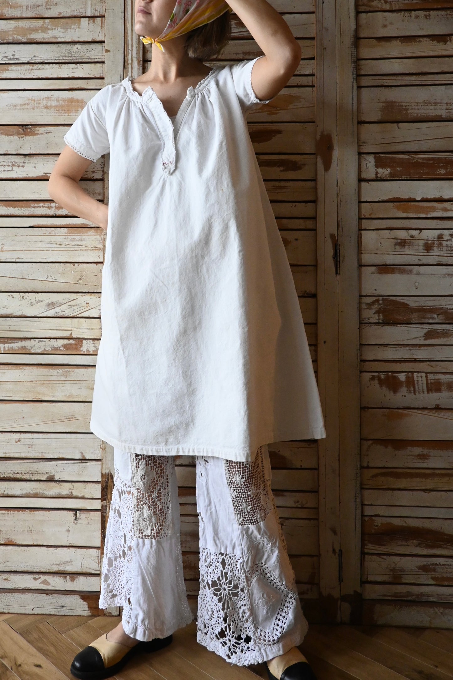 France antique linen dress/IVORY