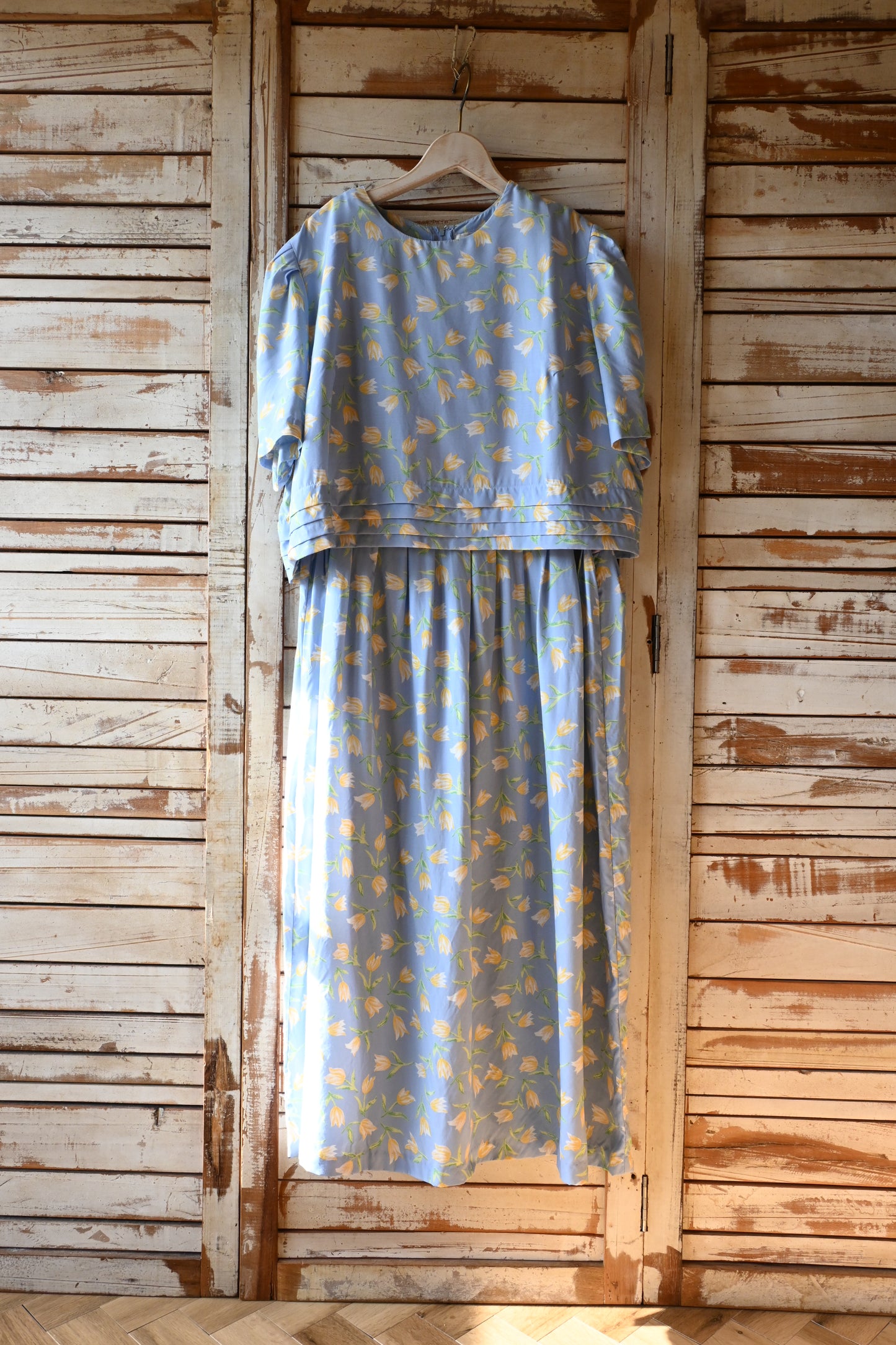 80's Flower long dress/SKY BLUE