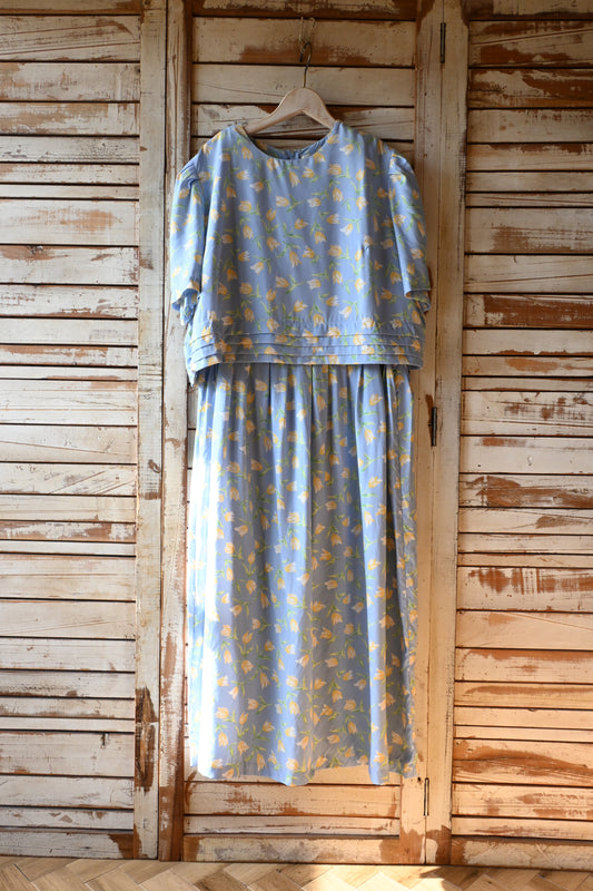 80's Flower long dress/SKY BLUE