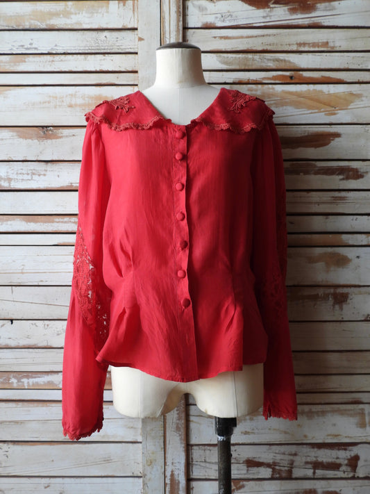 L/S embroidery silk blouse/RED