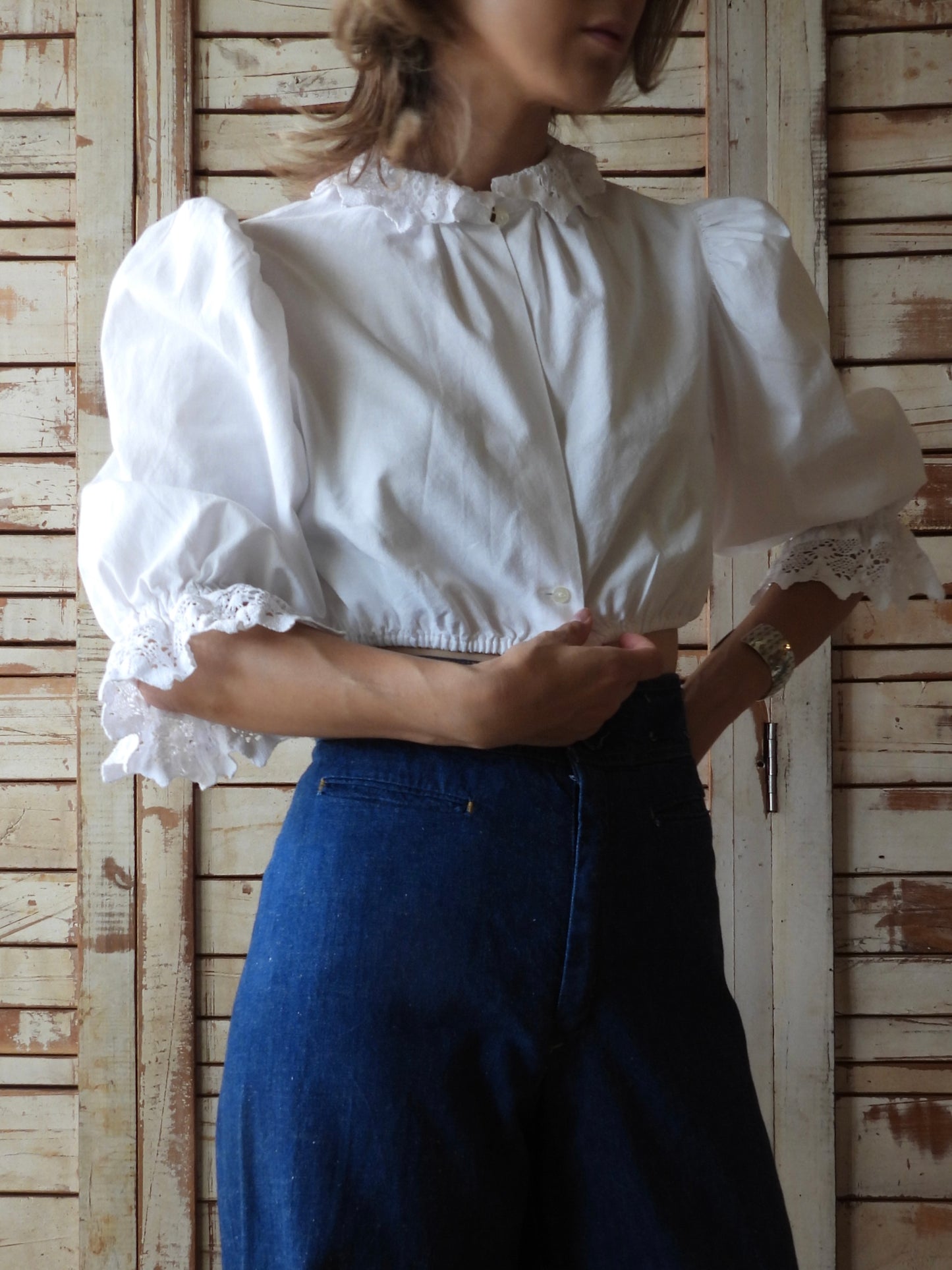 Cropped cotton blouse/WHITE