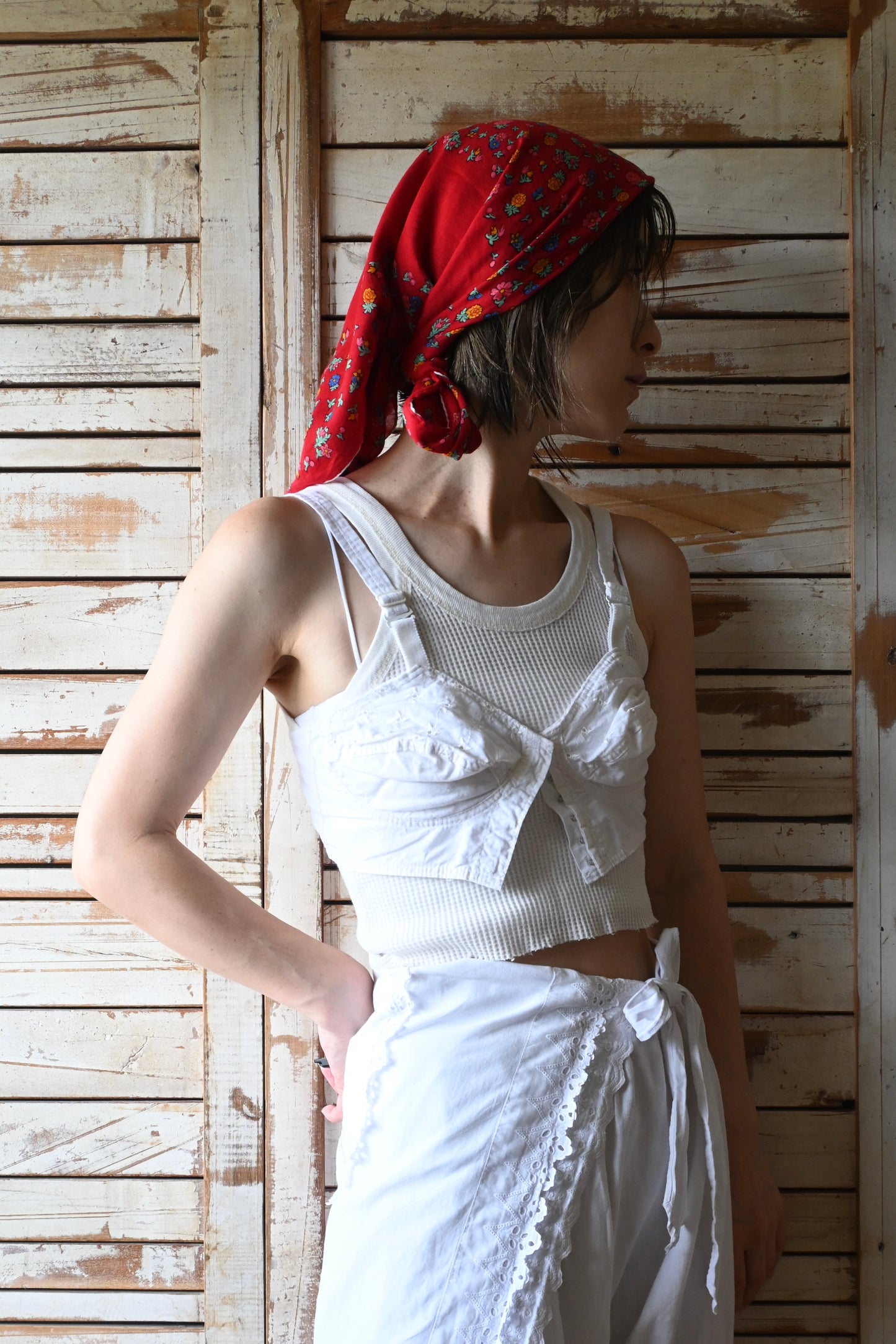 Vintage floral cotton scarf/RED