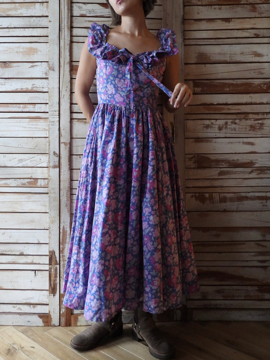 80's "Laura ashley" floral pattern dress/PINK×BLUE