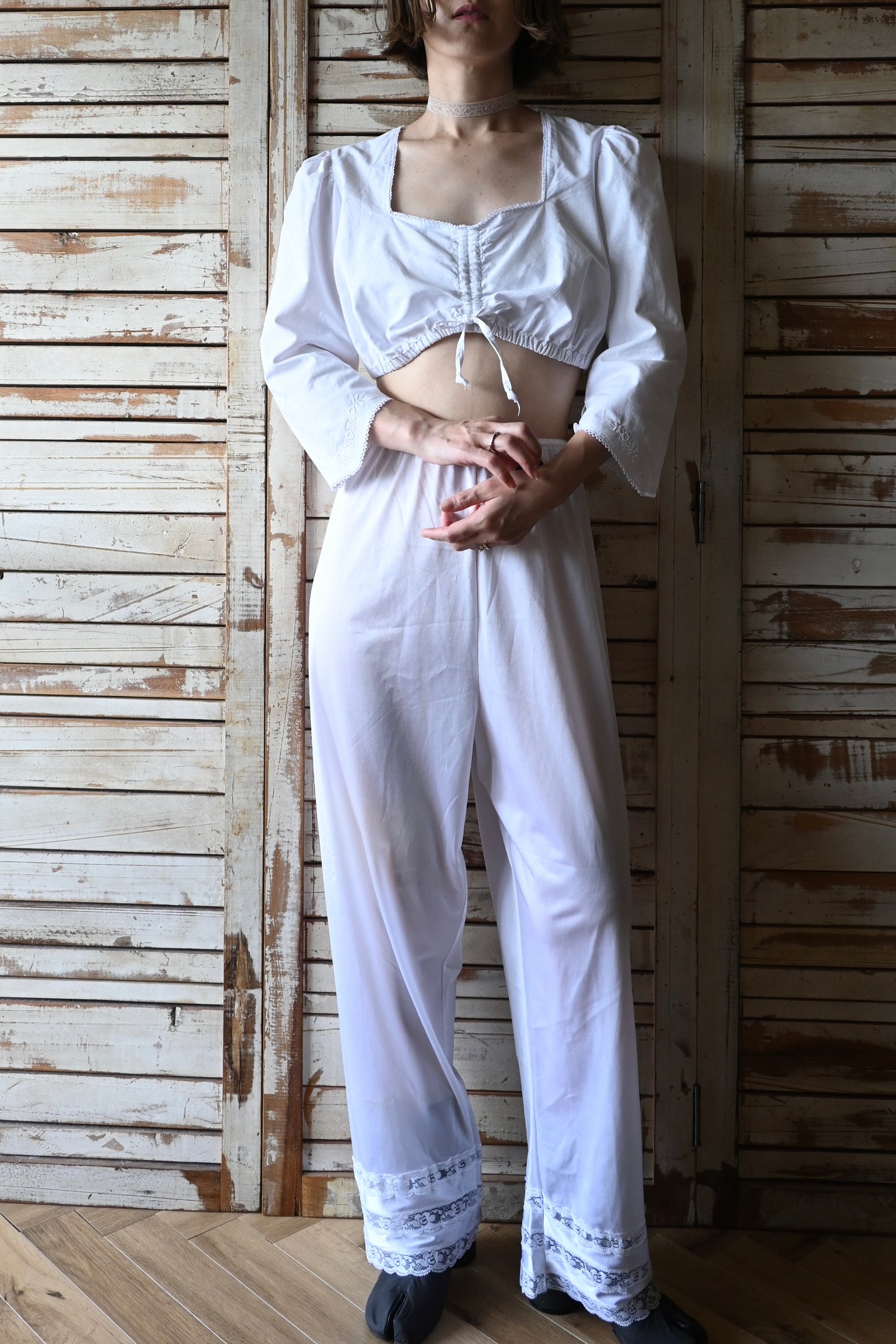 EURO Cropped shirring blouse/WHITE