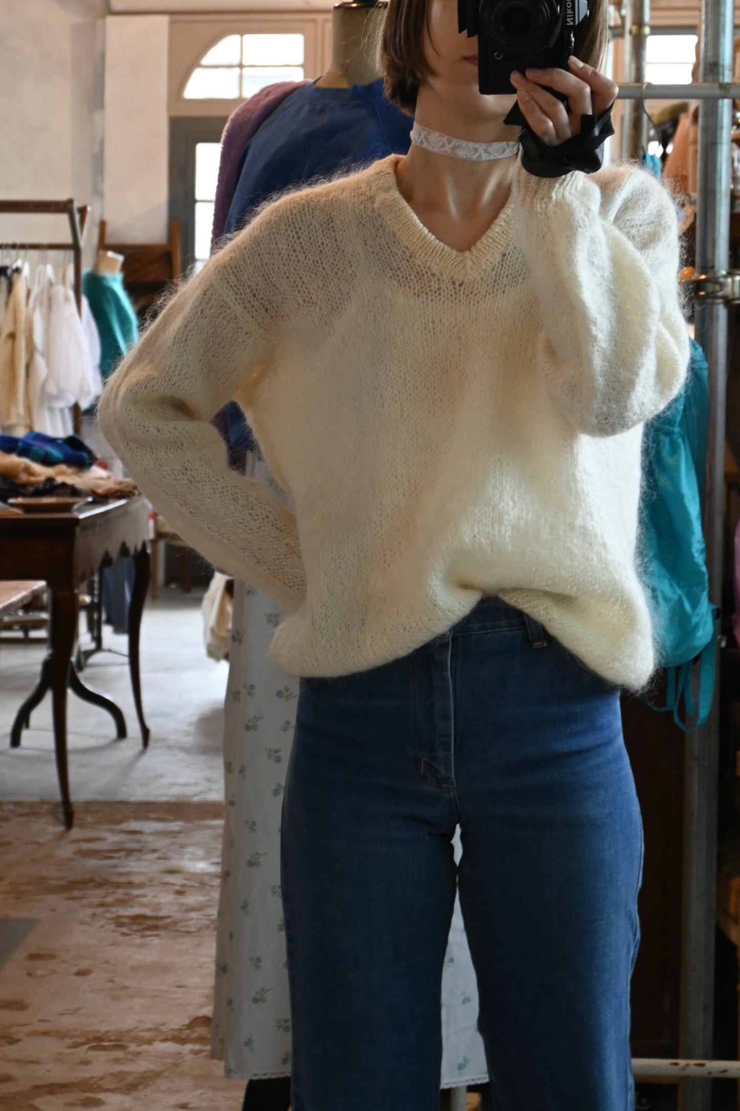 Mohair knit sweater/OFF WHITE