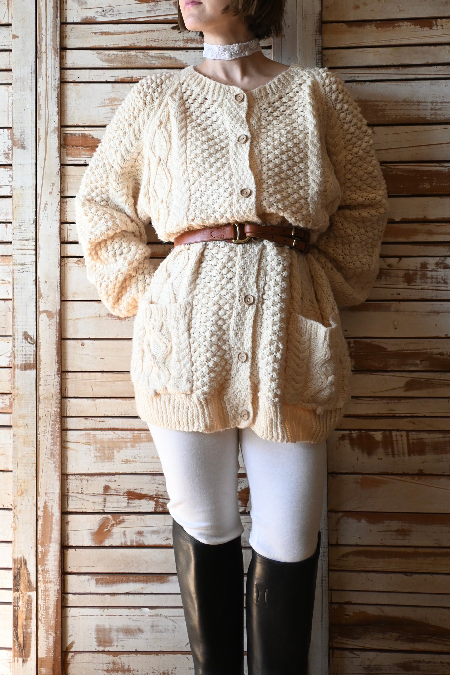 Fisherman knit cardigan/IVORY