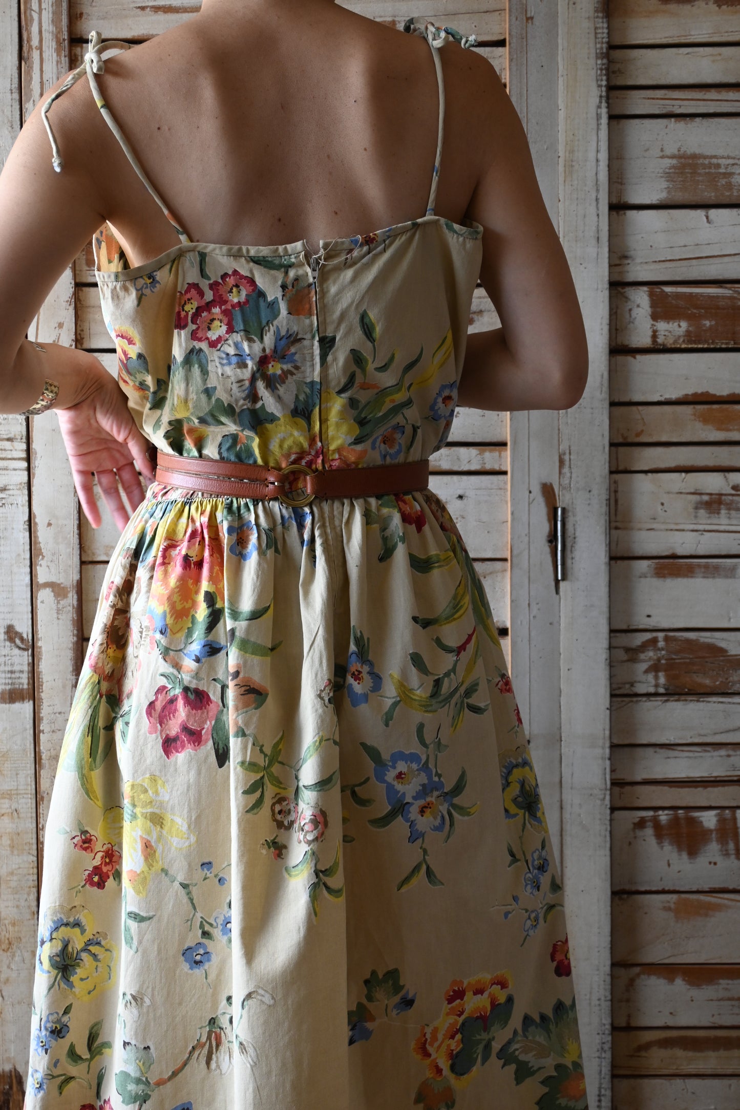 70's Flower pattern dress/BEIGE