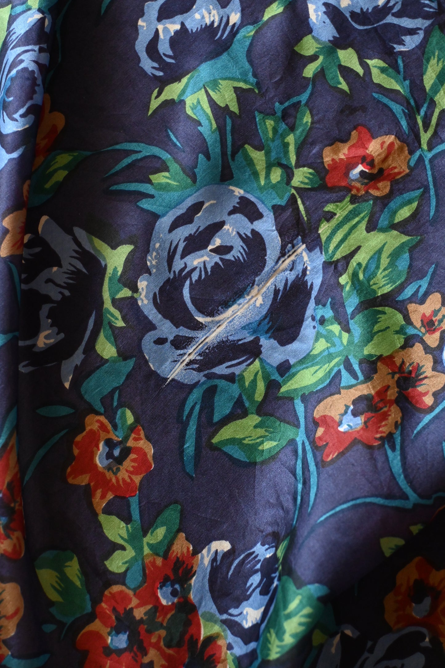 Vintage flower Silk Scarf/NAVY