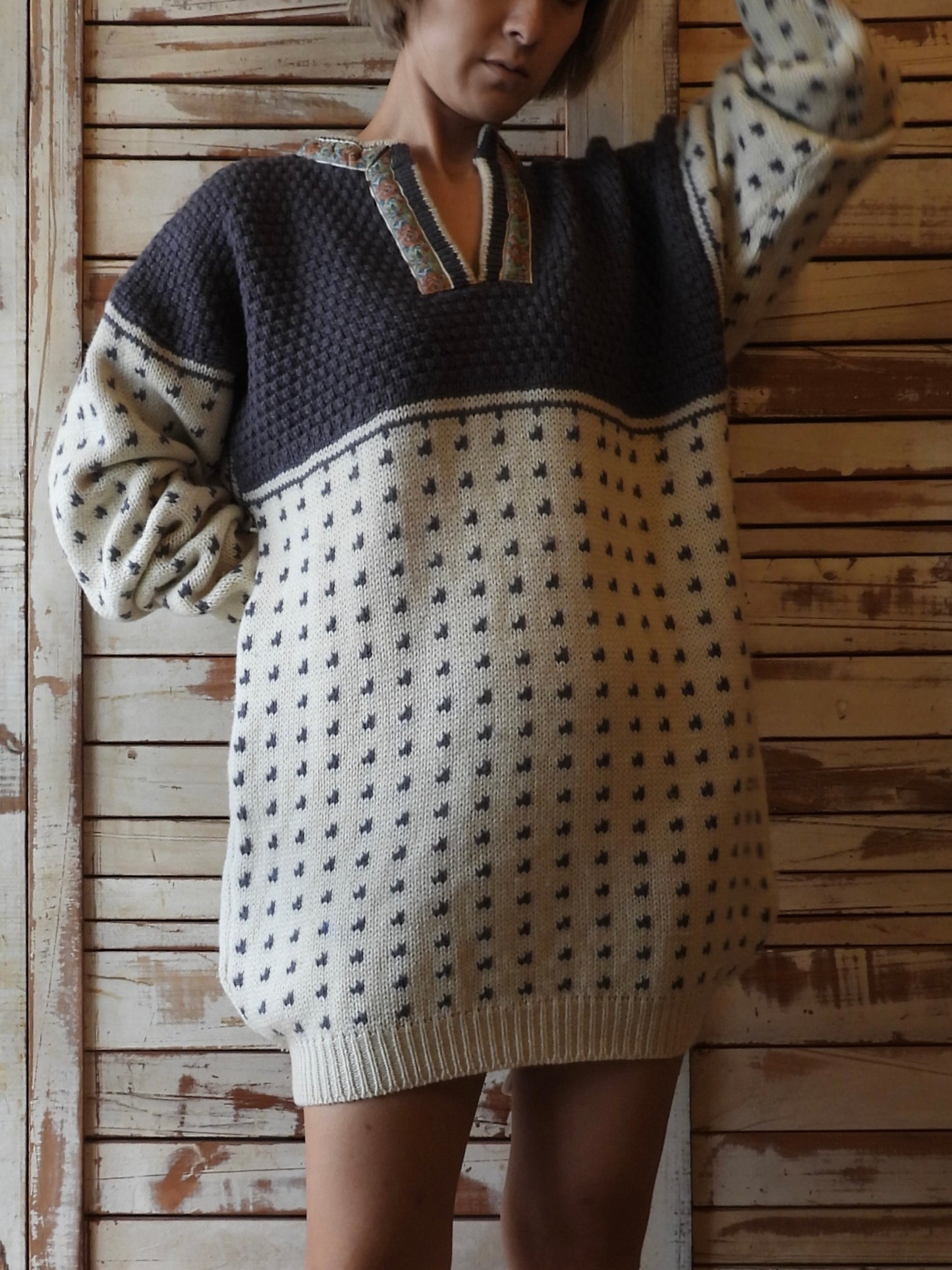 Tyrolean big sweater/IVORY×GREY