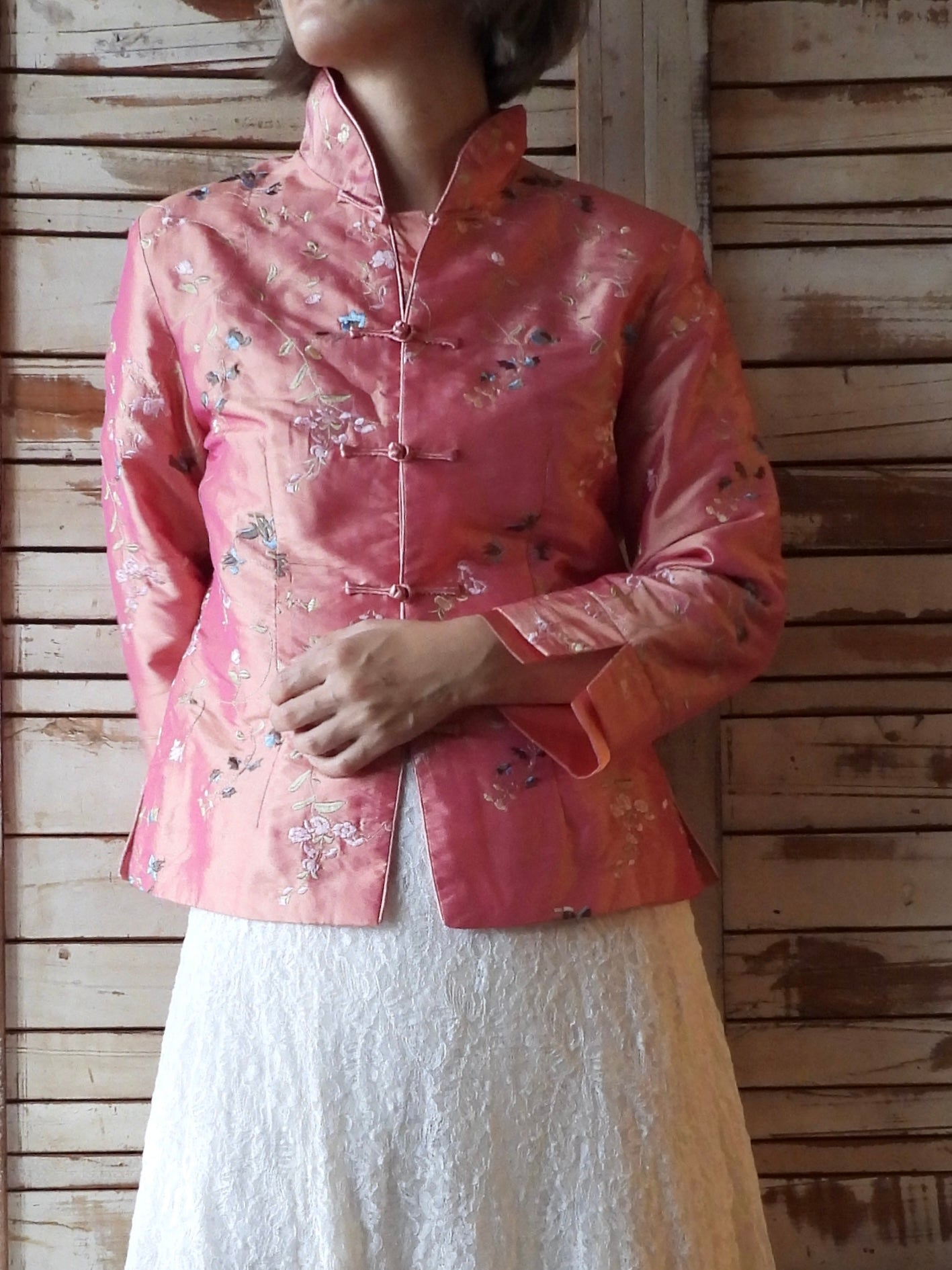 Satin embroidered china jacket/PINK