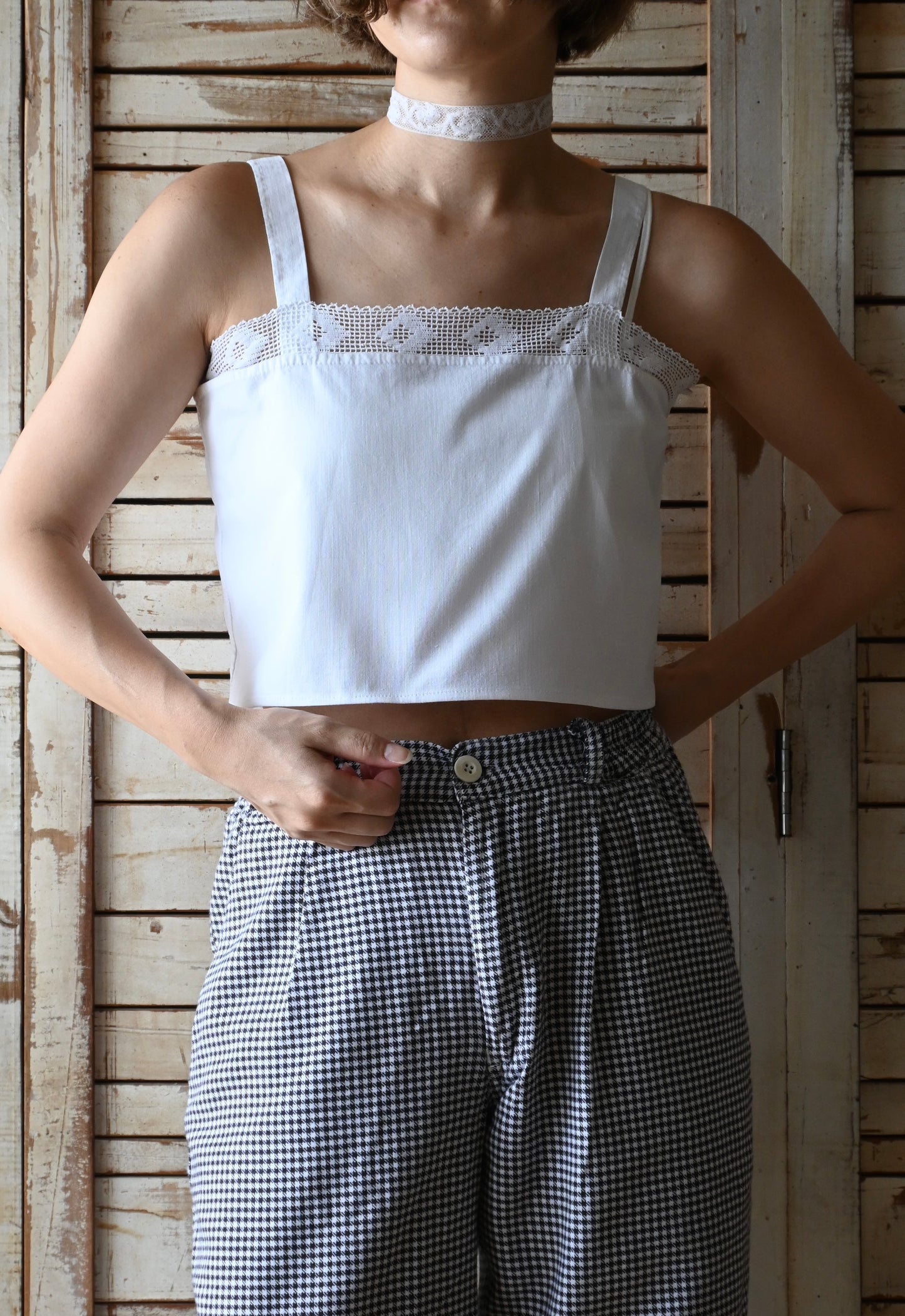 Cotton lace cropped camisole/WHITE