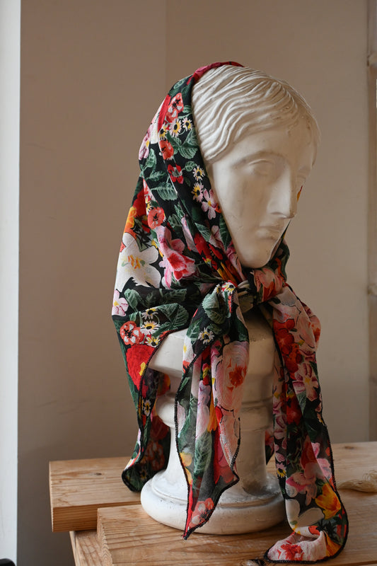 Vintage Flower Silk Scarf/BLACK