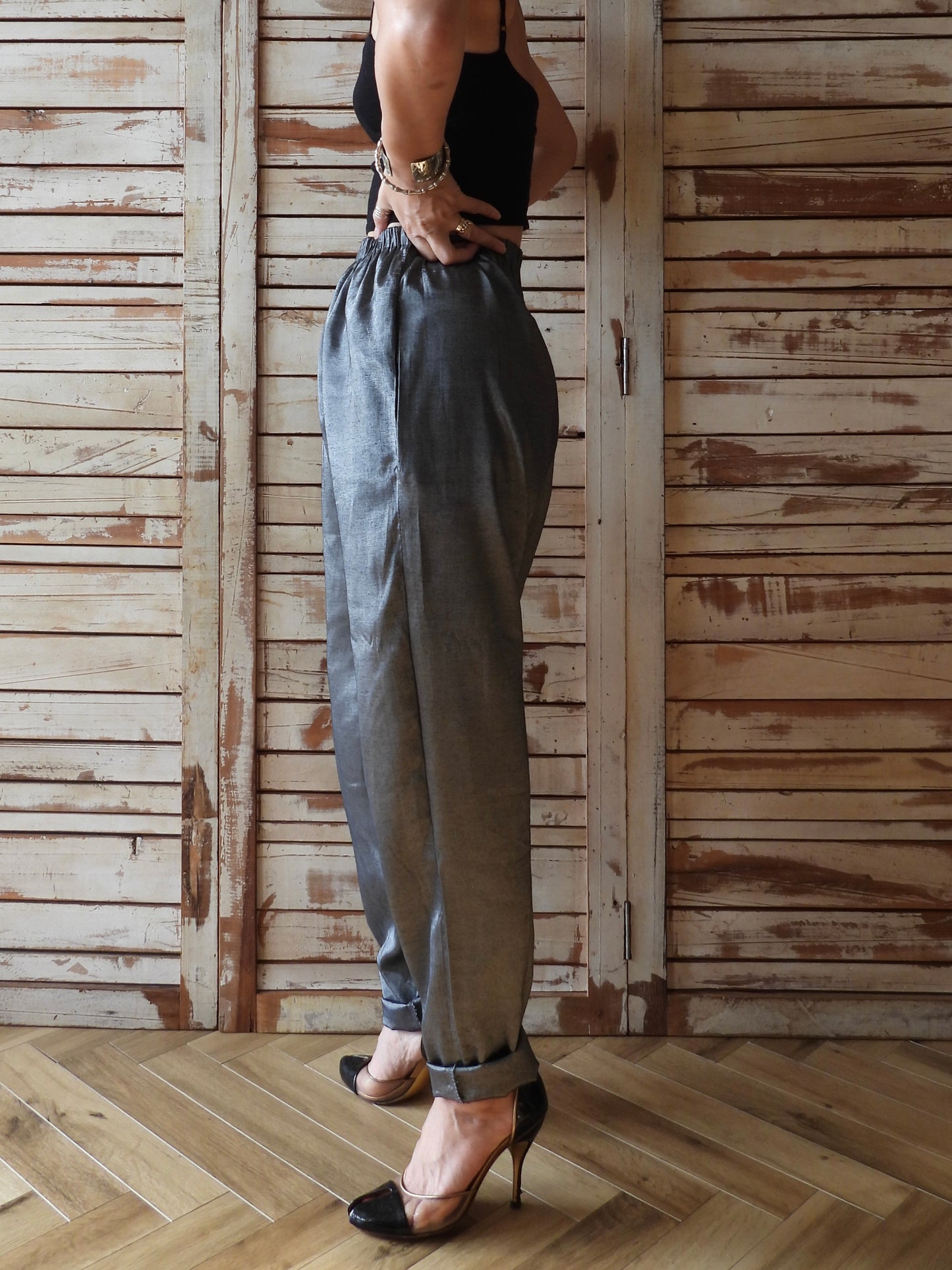 80's Metalic easy pants/SILVER GREY