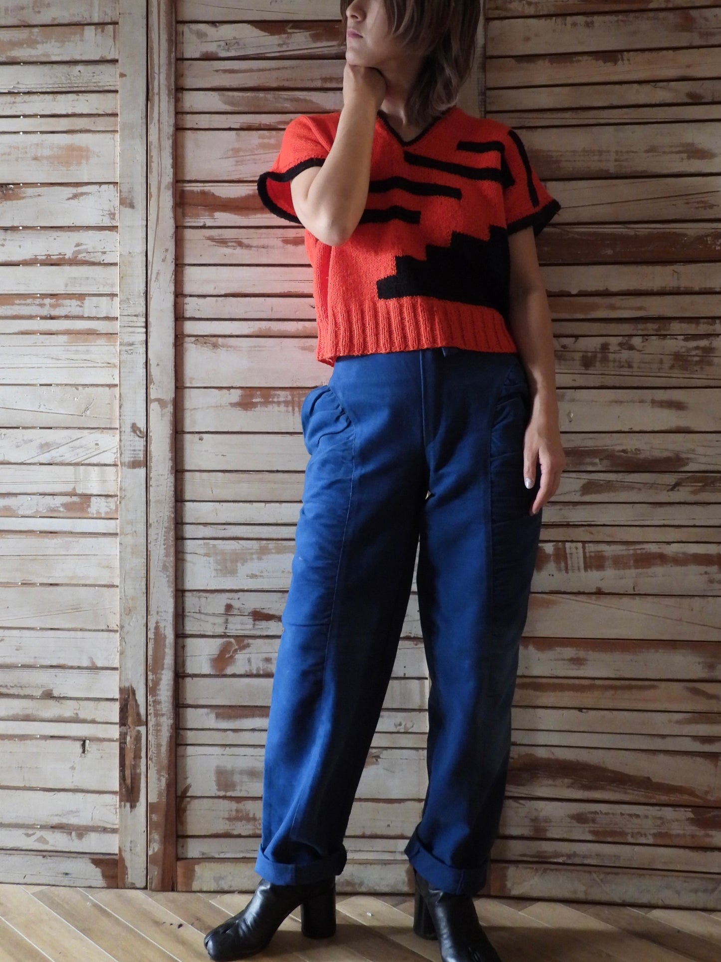 2Tone S/S hand knit top/RED