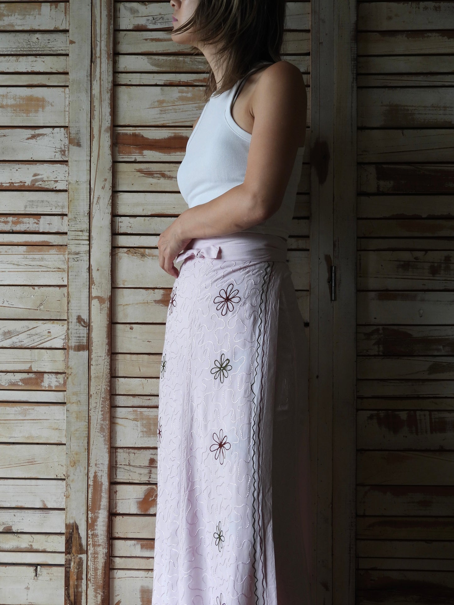 Flower embroidery wrap skirt/B.PINK