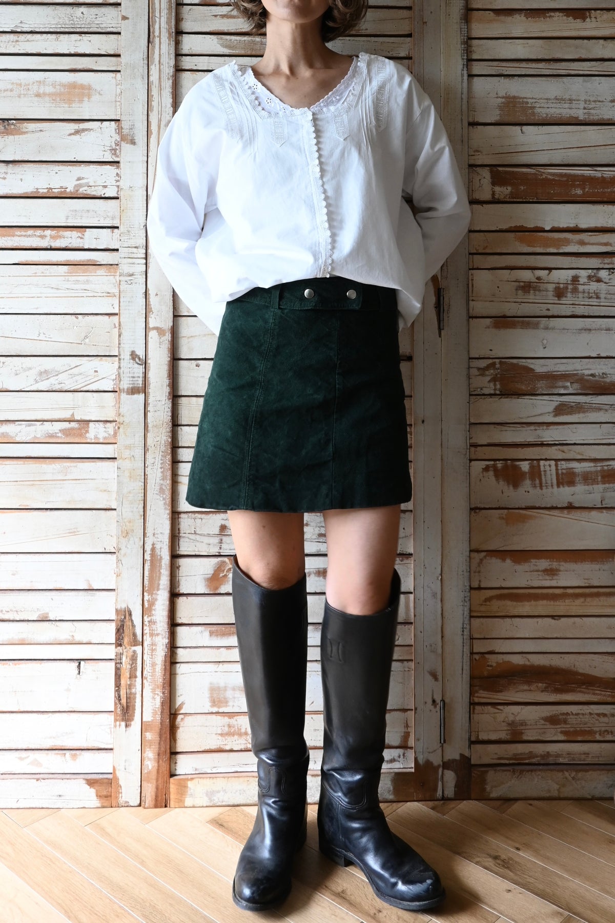 Leather mini skirt/DARK GREEN