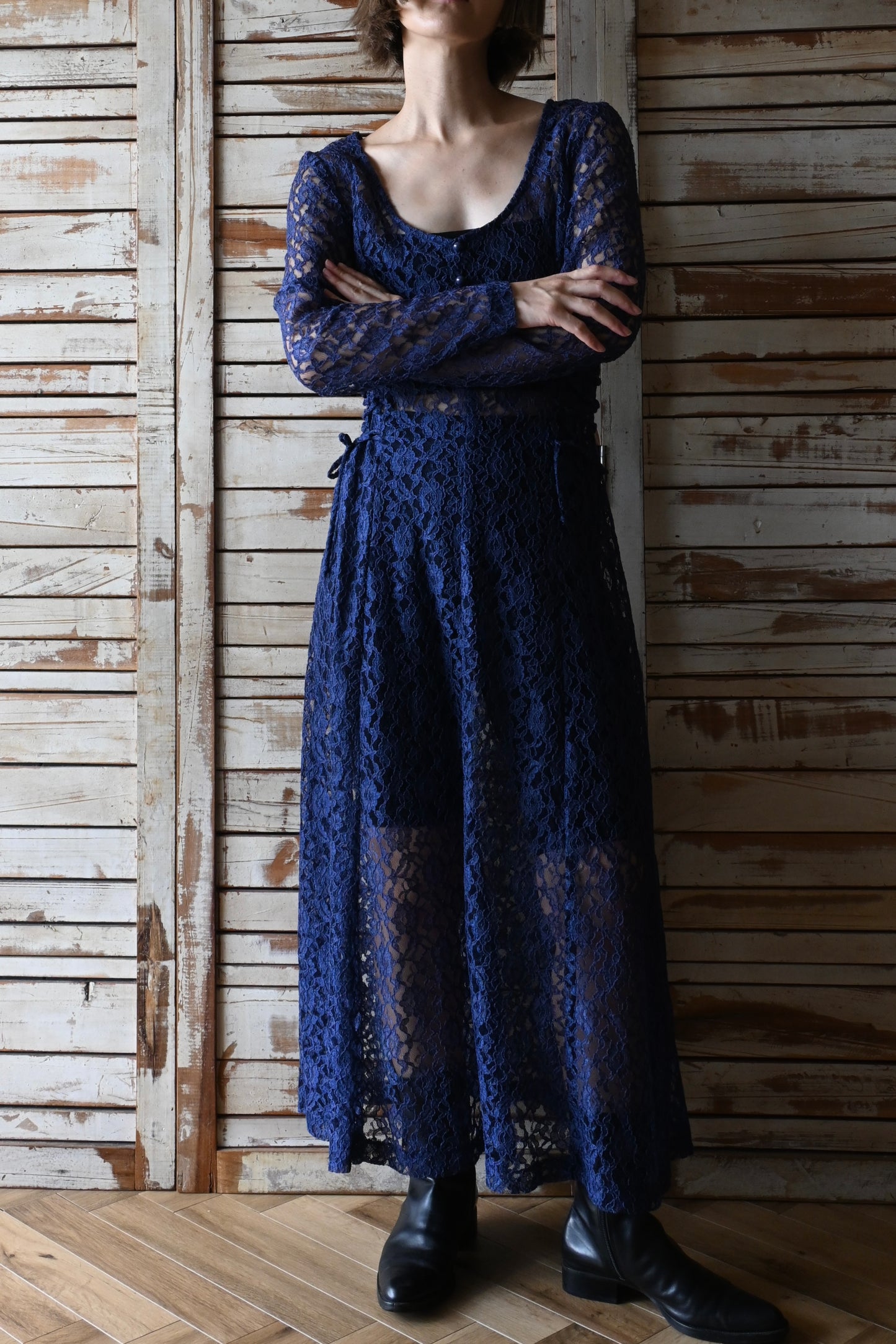 Lace long dress/NAVY