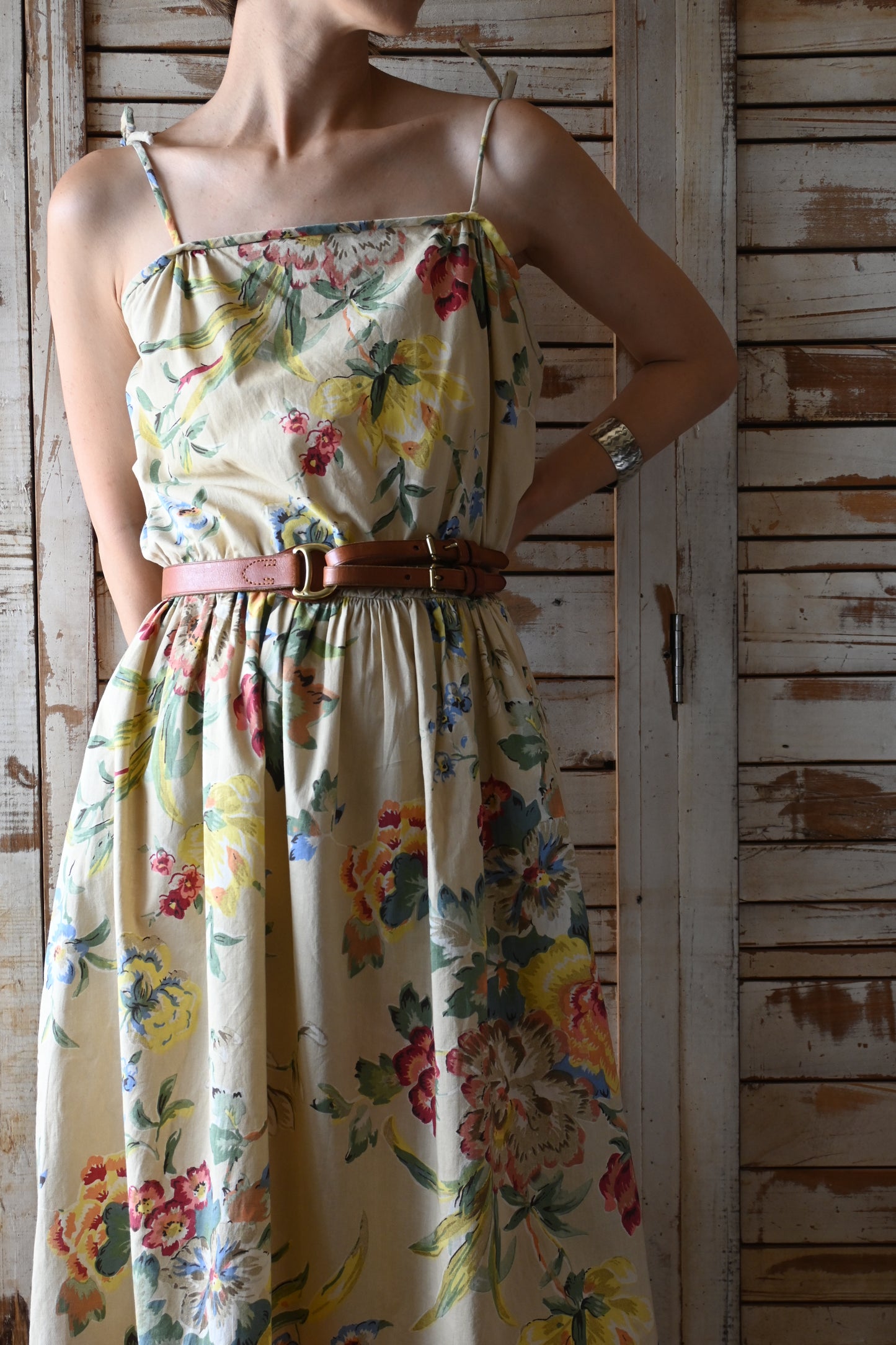70's Flower pattern dress/BEIGE