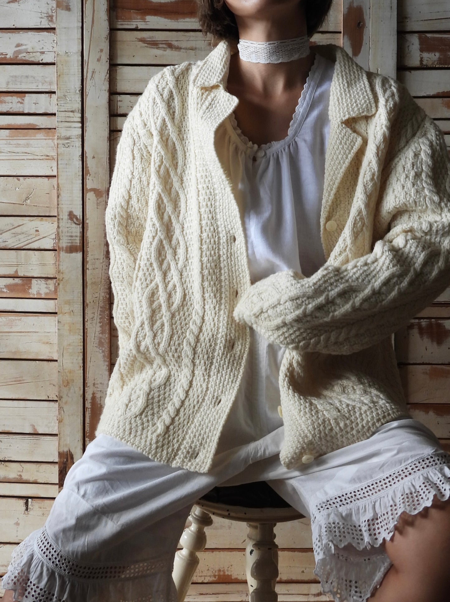 '80s Aran knit cardigan/IVORY/PAUL JAMES