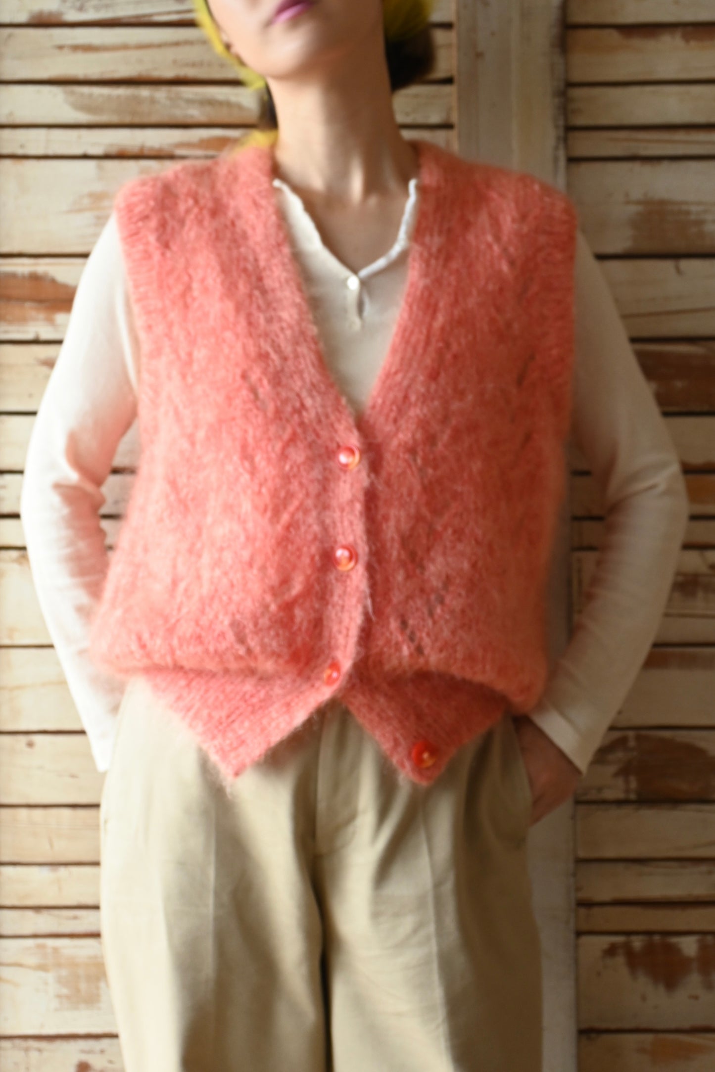 Mohair knit vest/SALMON PINK