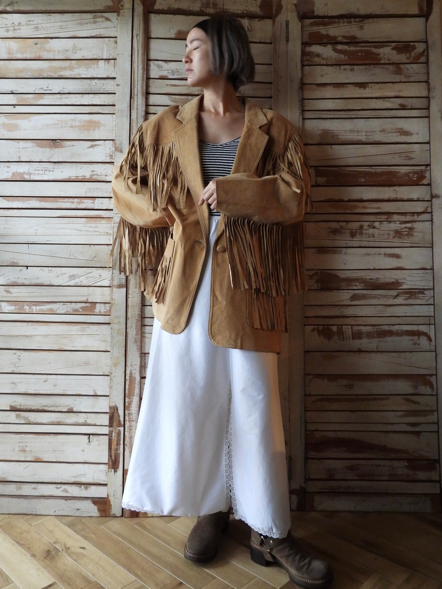Suede fringe big jacket/CAMEL