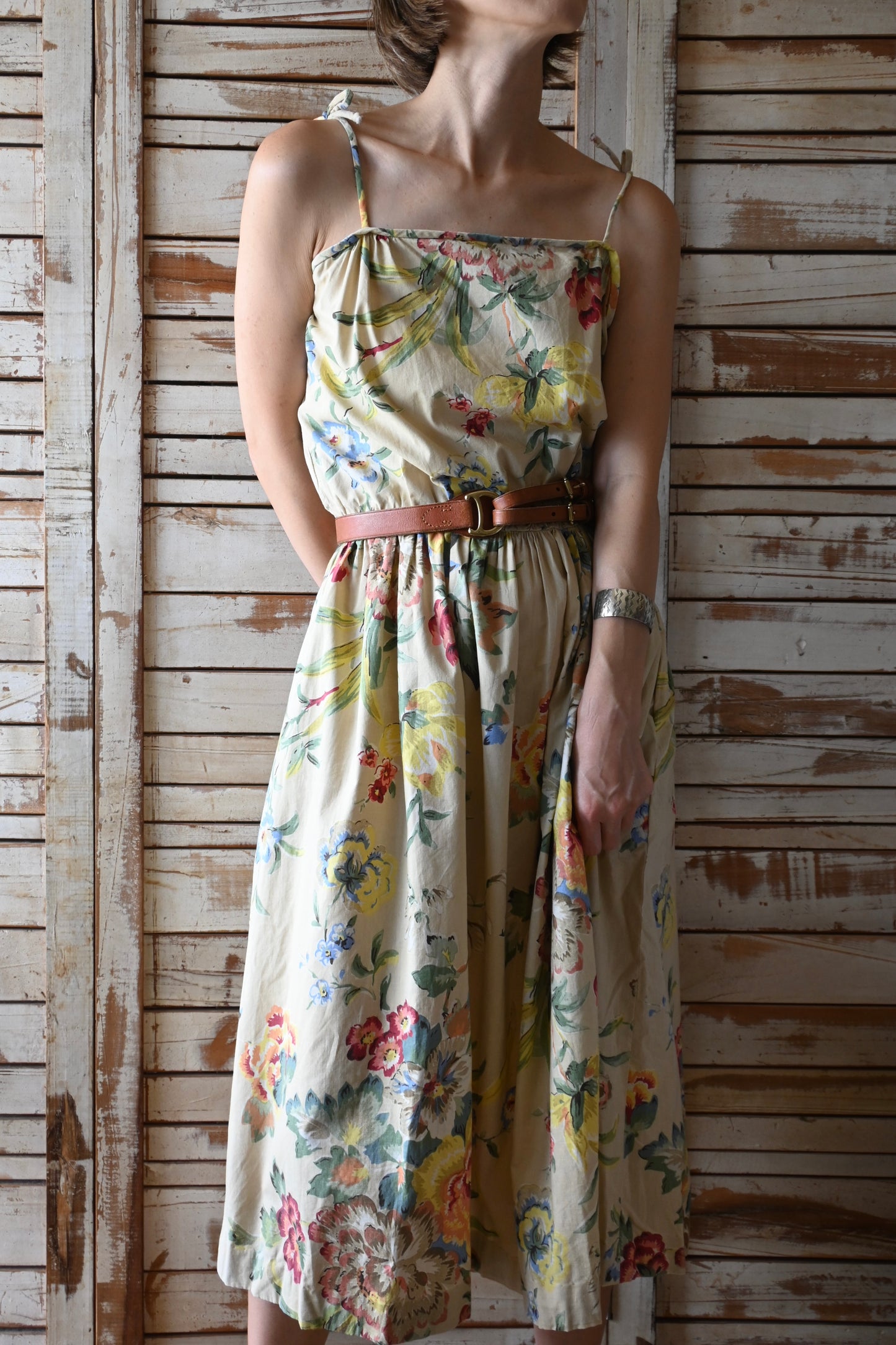70's Flower pattern dress/BEIGE