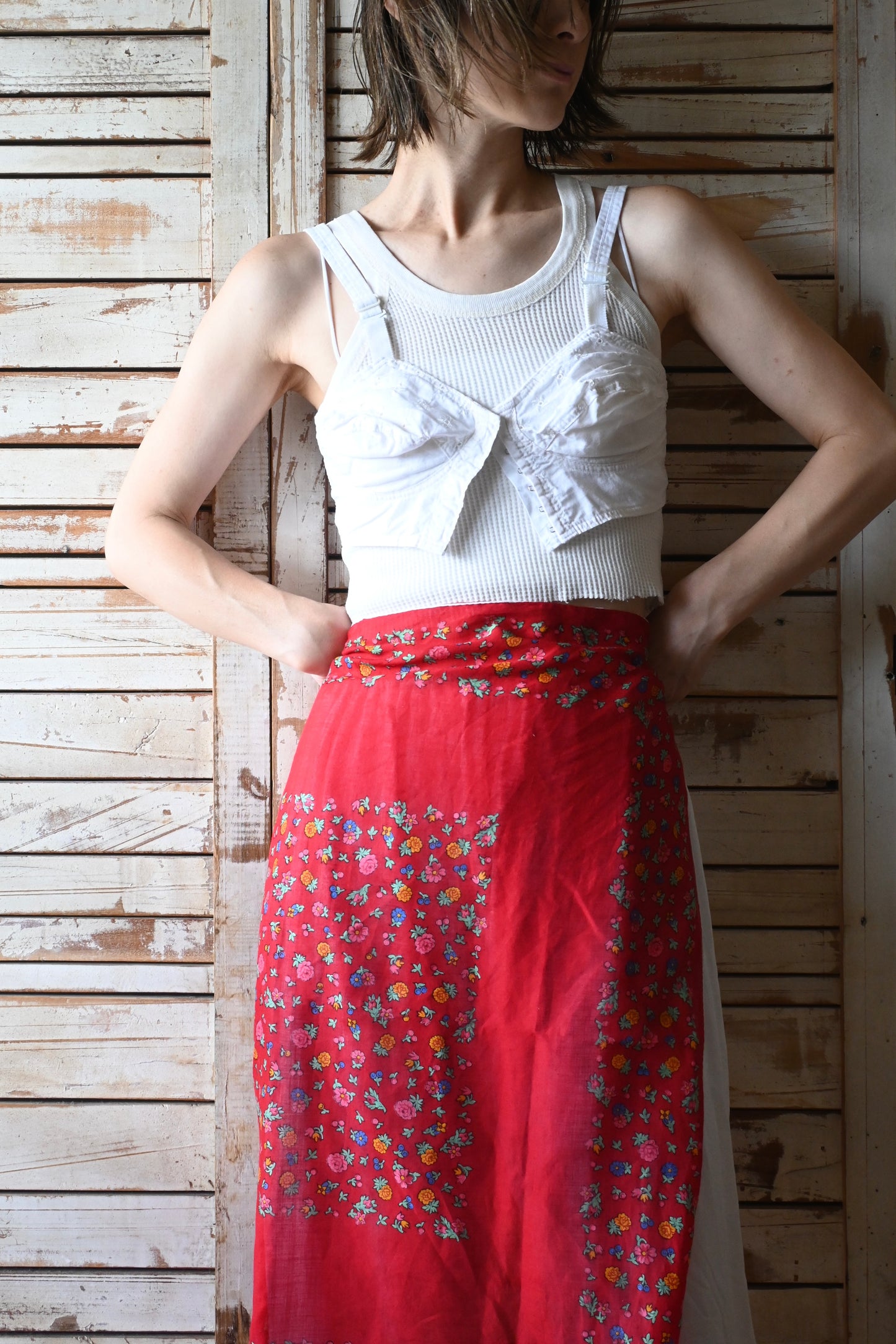 Vintage floral cotton scarf/RED
