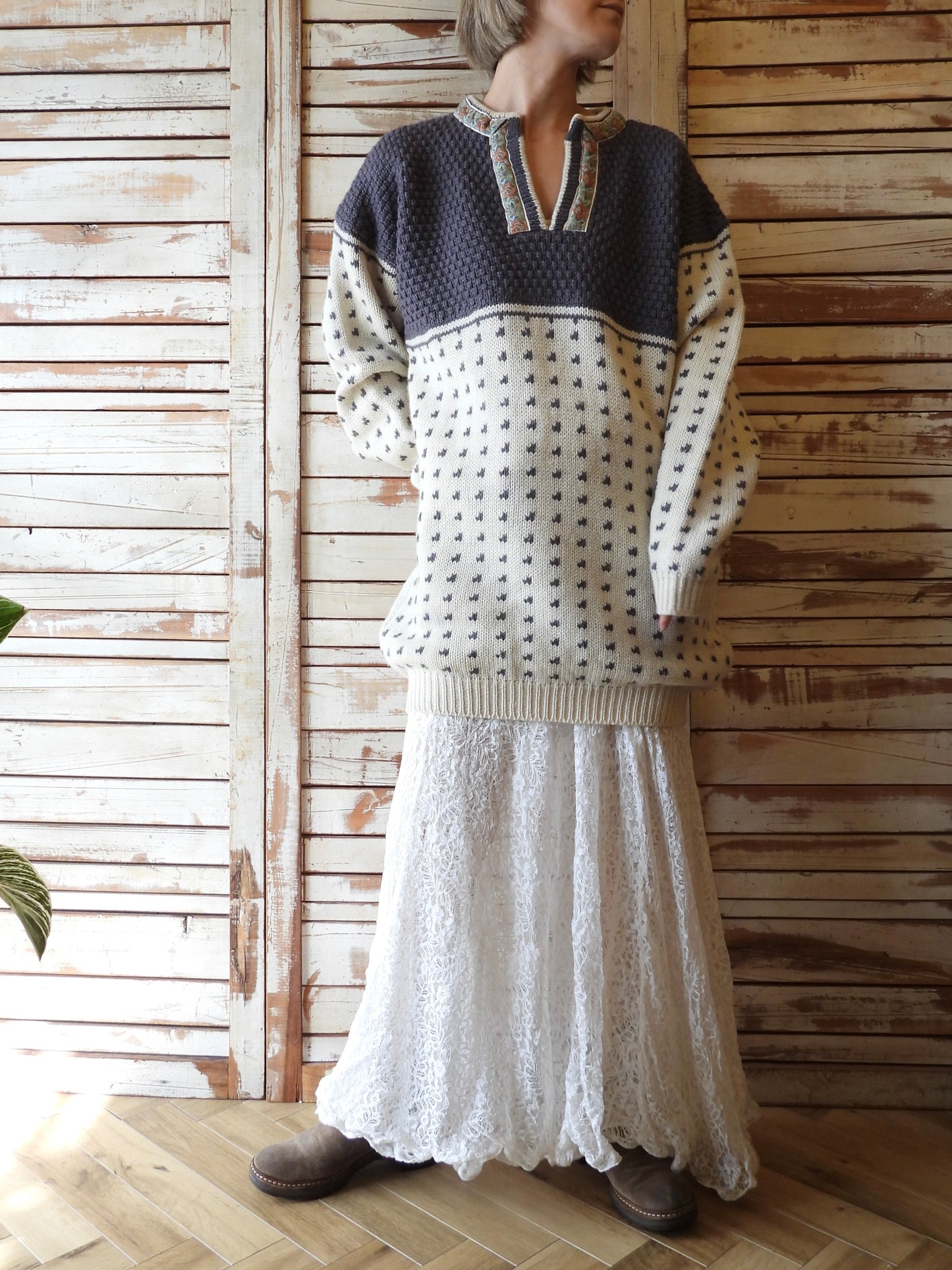 Tyrolean big sweater/IVORY×GREY