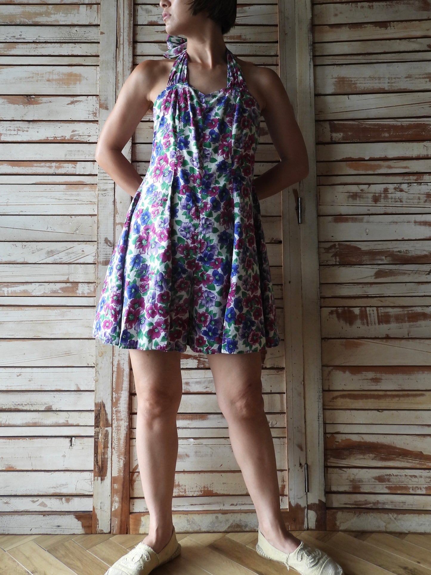 Flower printed rompers/WHITE/PURPLE/BLUE