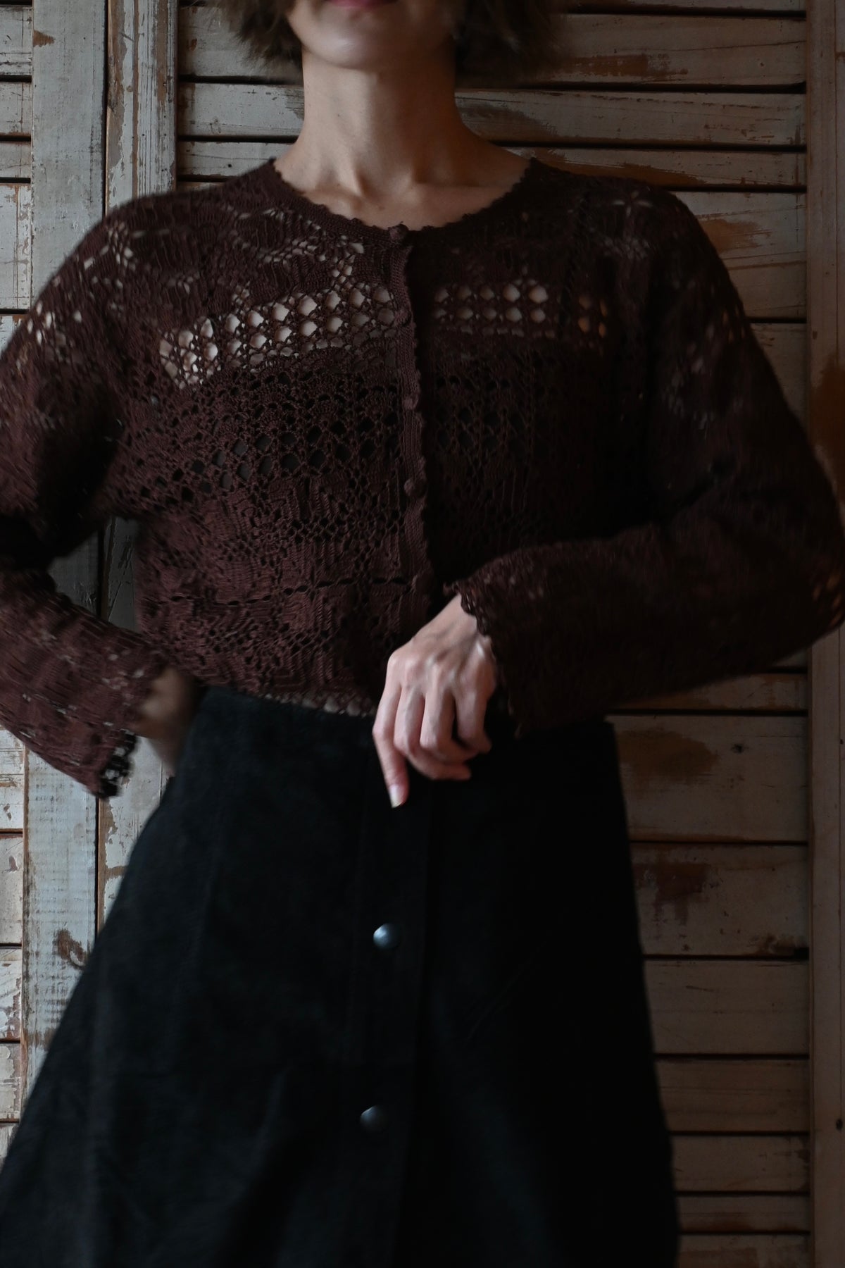 90's Floral crochet knit/BROWN