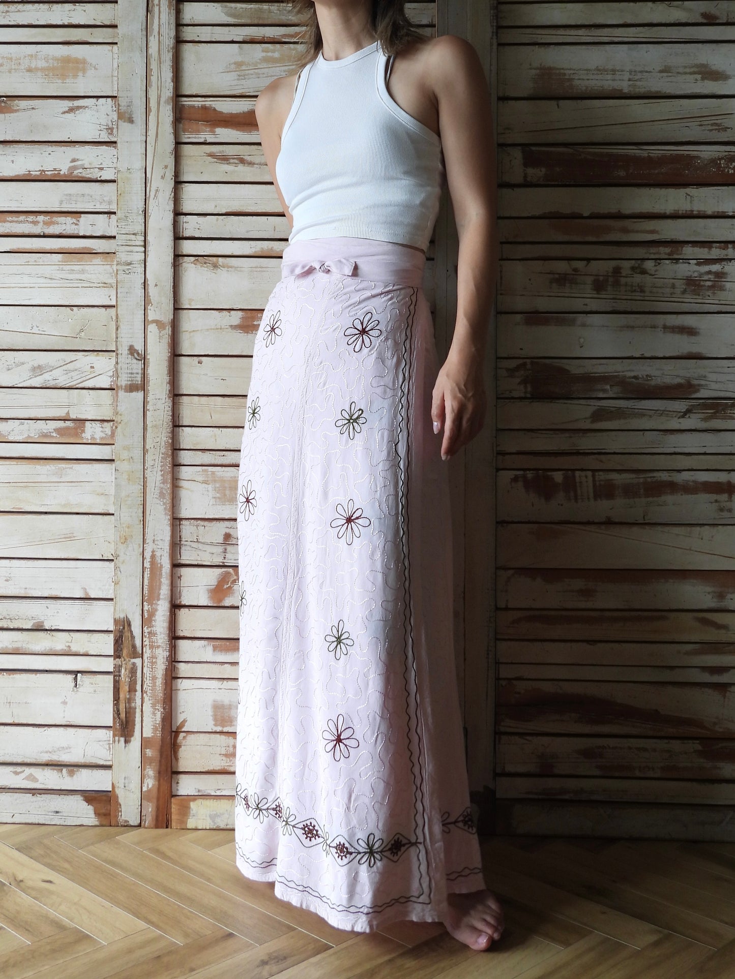 Flower embroidery wrap skirt/B.PINK