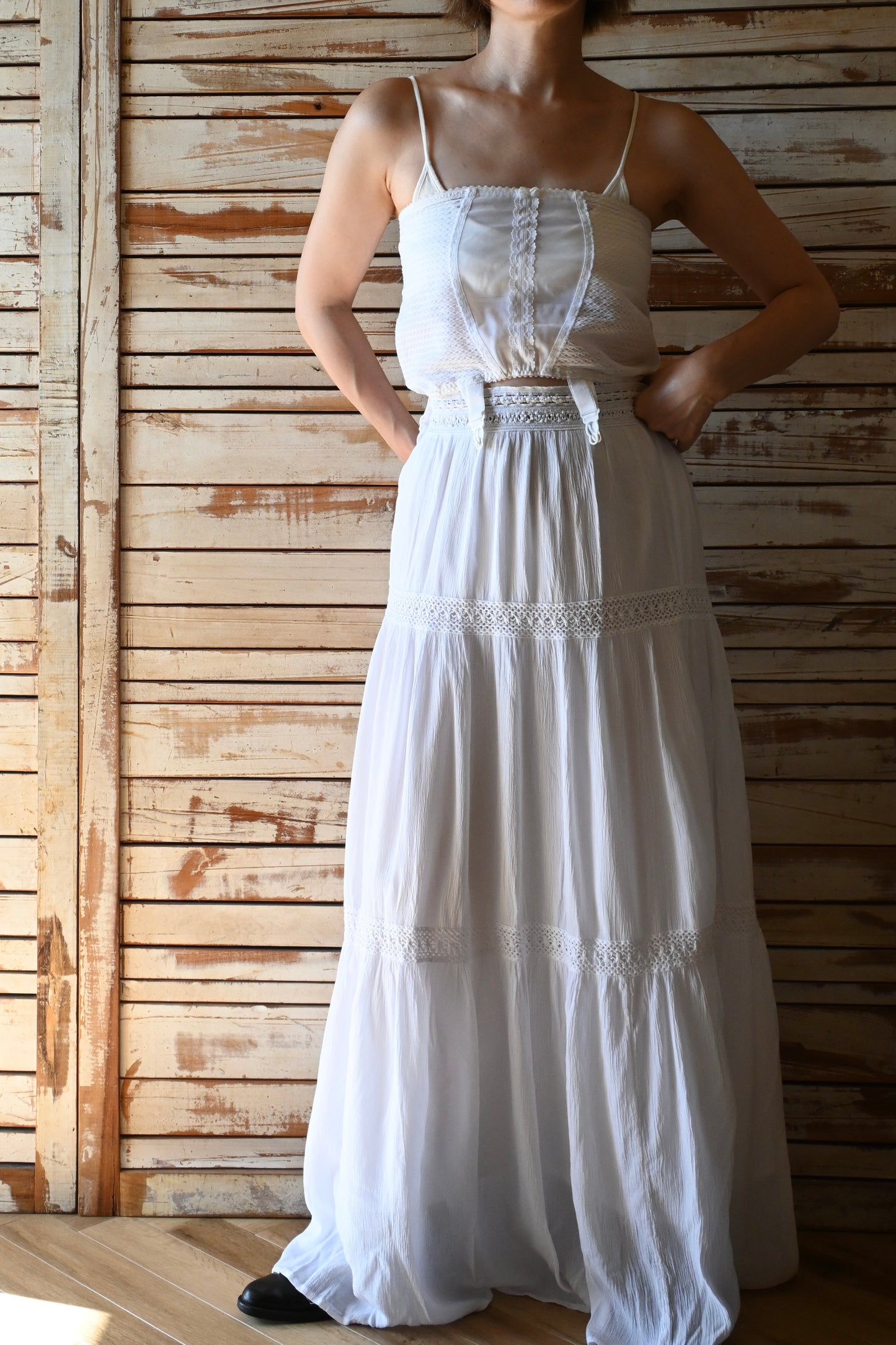 Cotton lace long skirt/WHITE