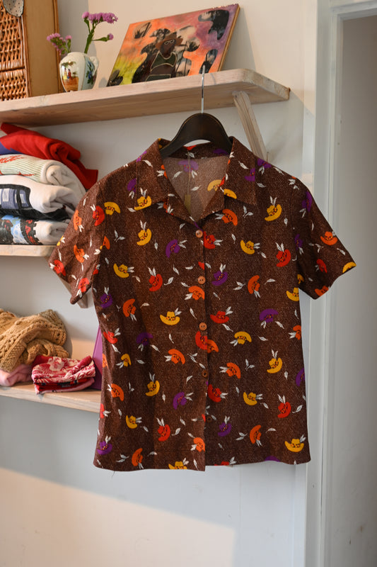 70's Western pattern shirt/BROWN
