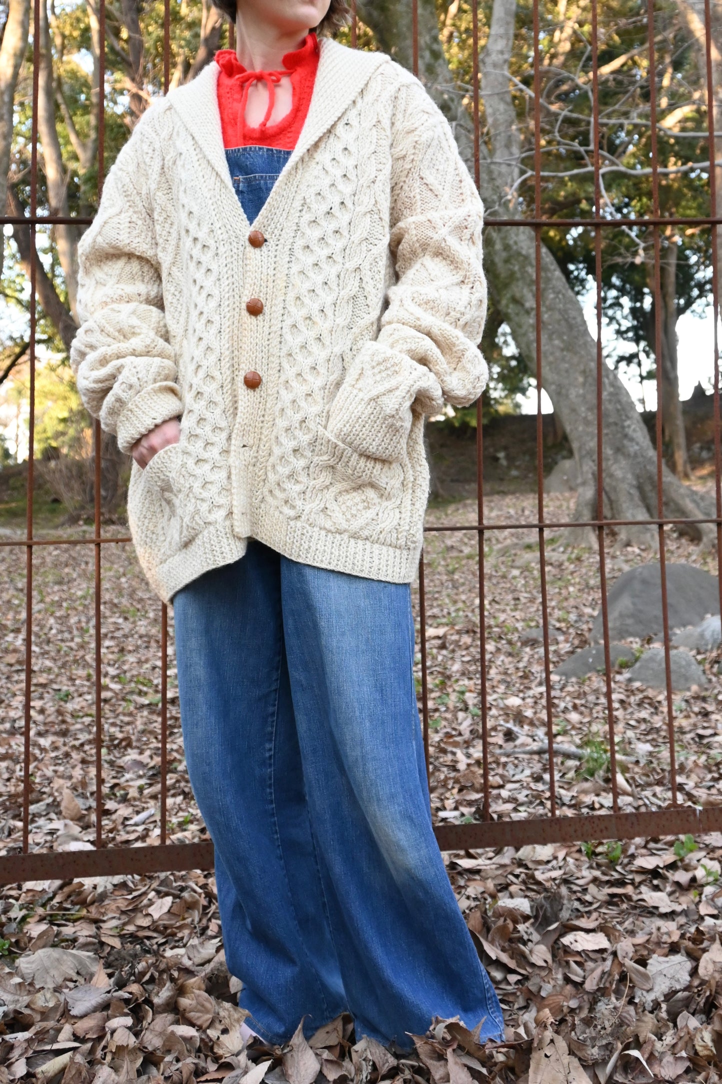 Fisherman knit cardigan/IVORY