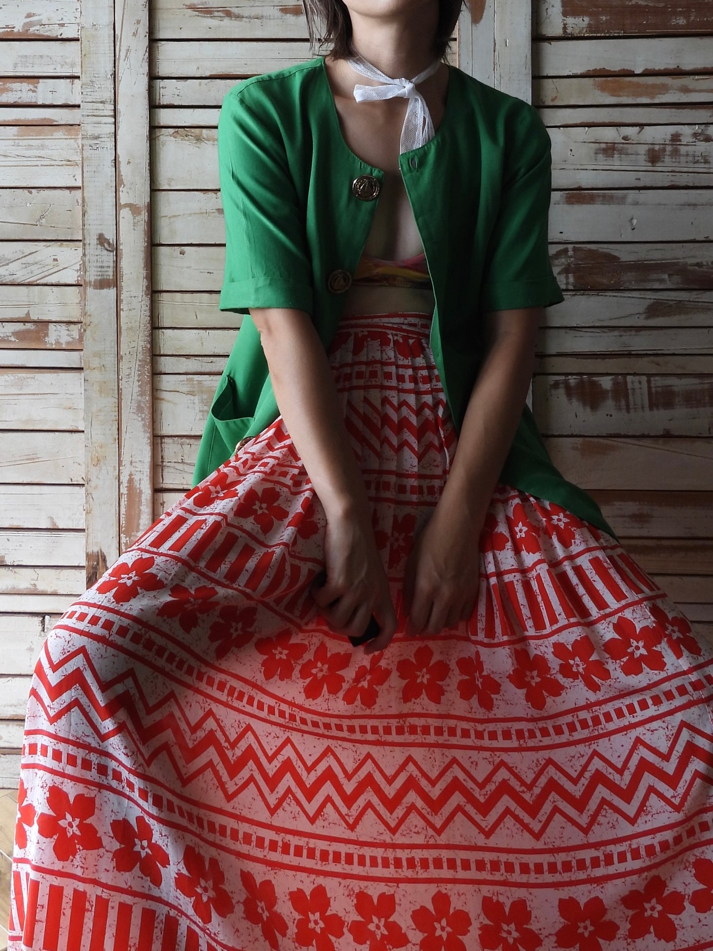 80's Flower pattern skirt/RED