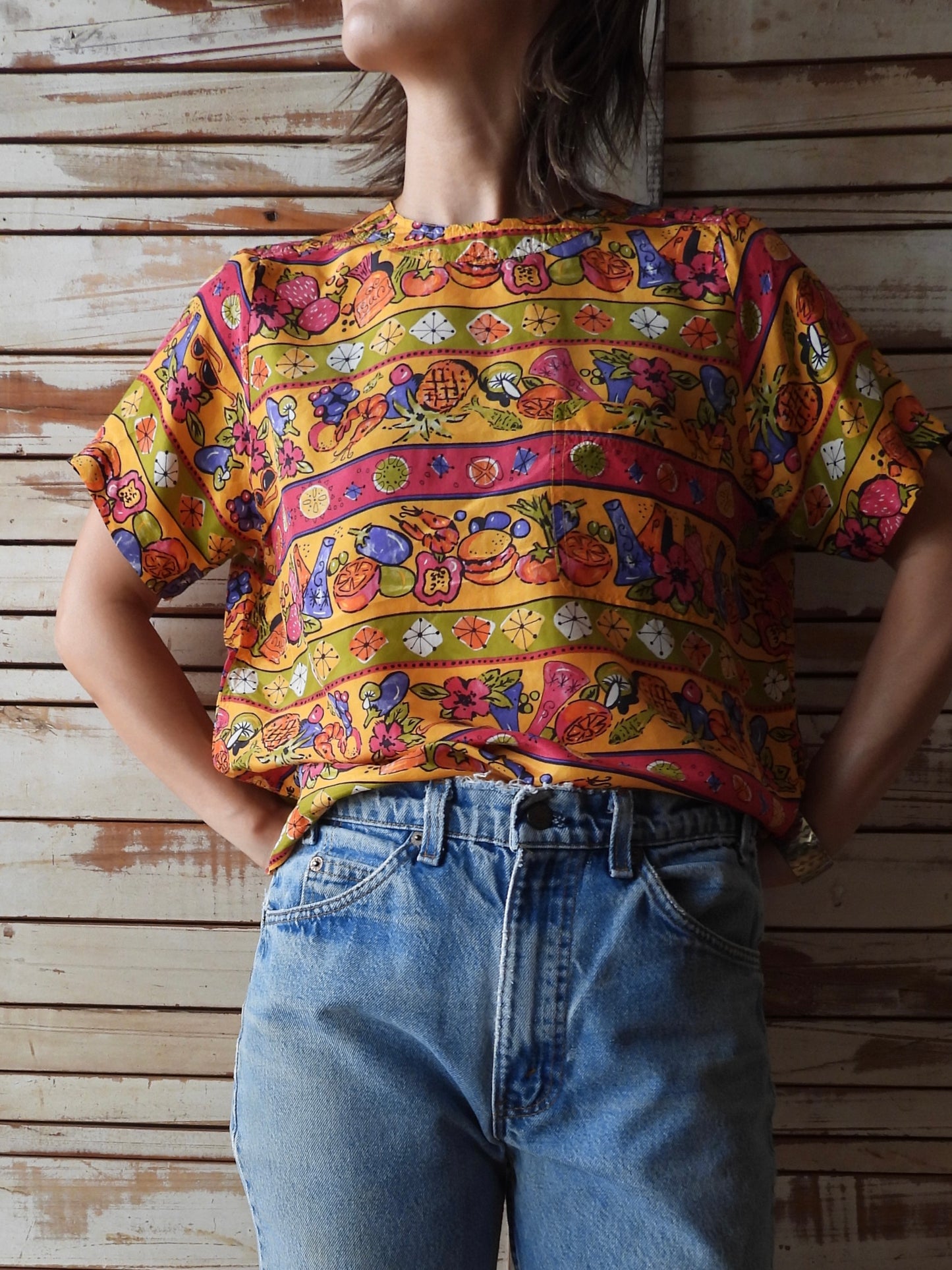 Tropical pattern silk blouse/ORANGE/YELLOW