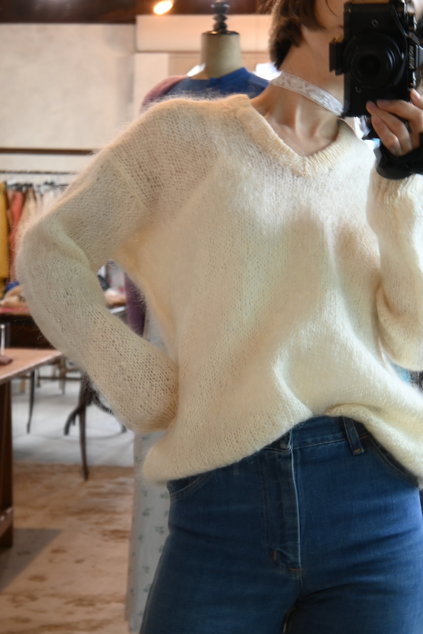 Mohair knit sweater/OFF WHITE