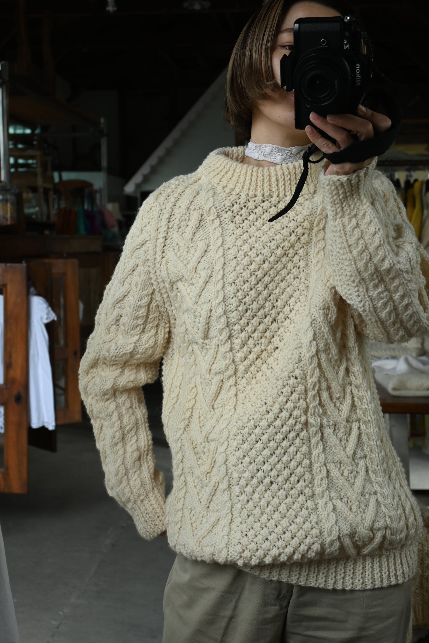 Aran knit sweater/IVORY