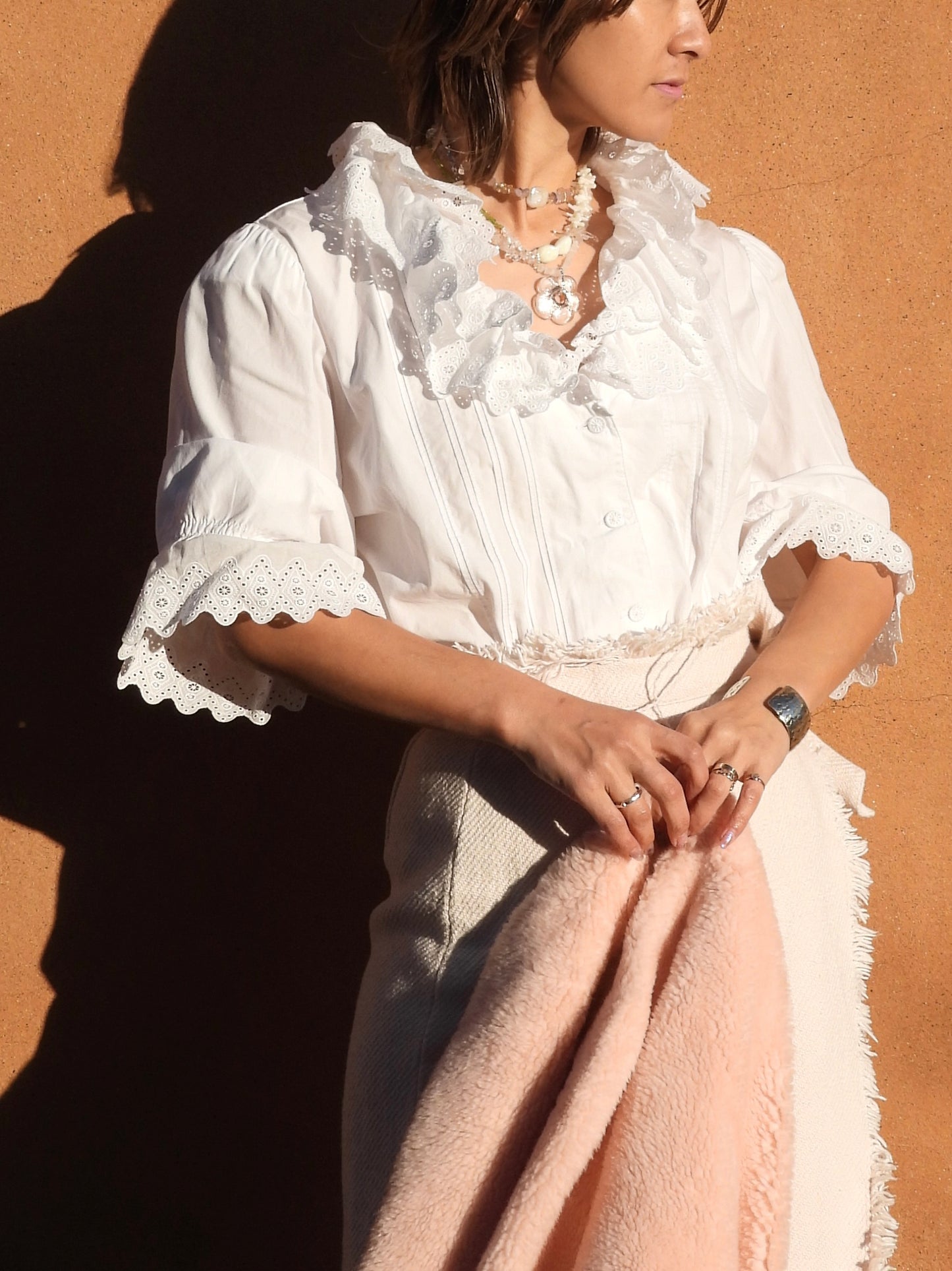 EURO Vintage cutwork cotton blouse/WHITE
