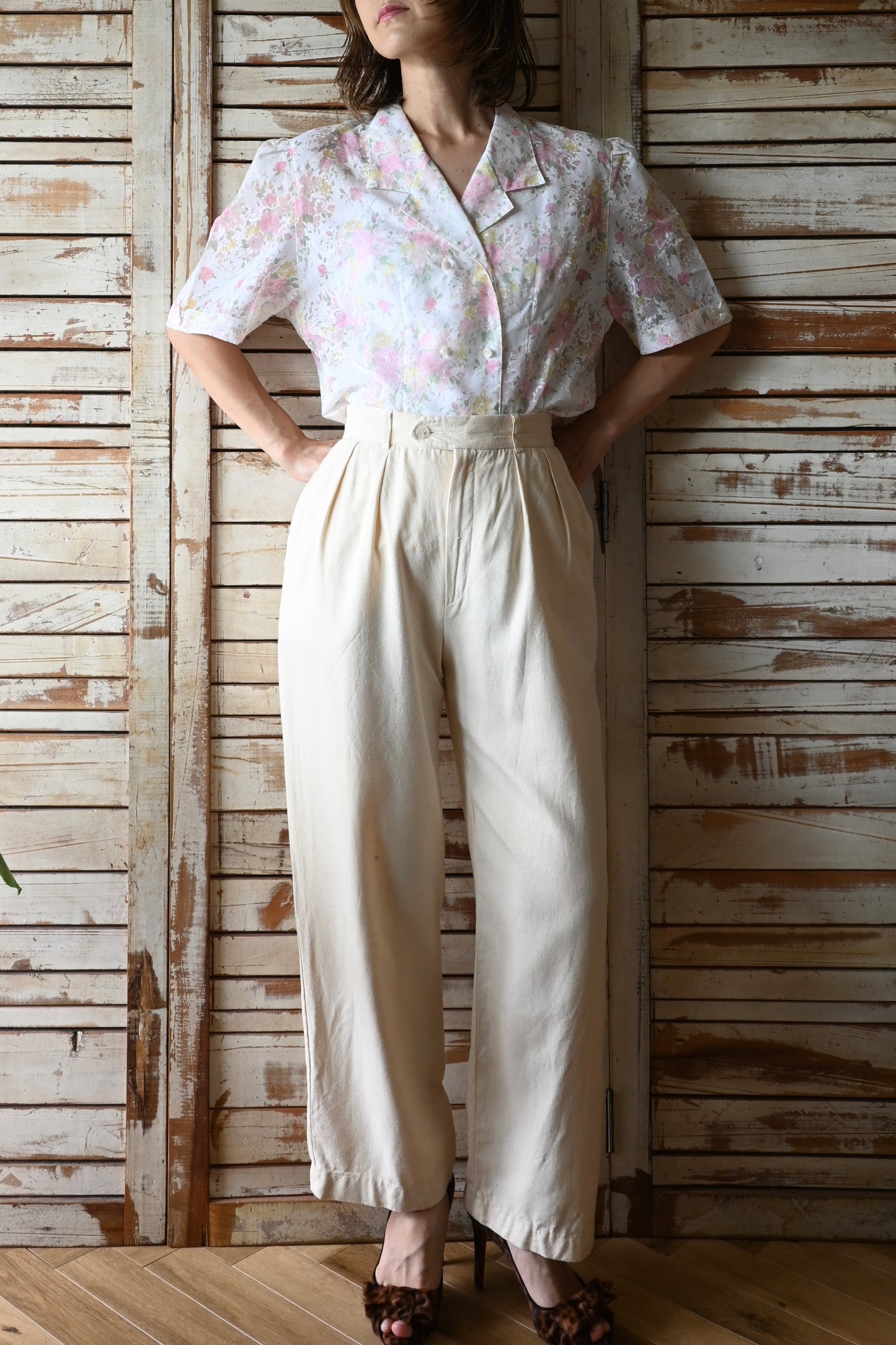 80's Silk tuck pants/CREAM