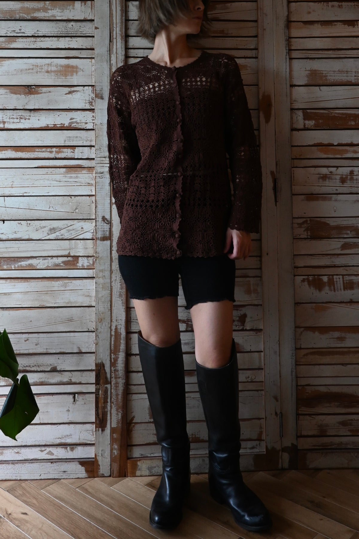 90's Floral crochet knit/BROWN