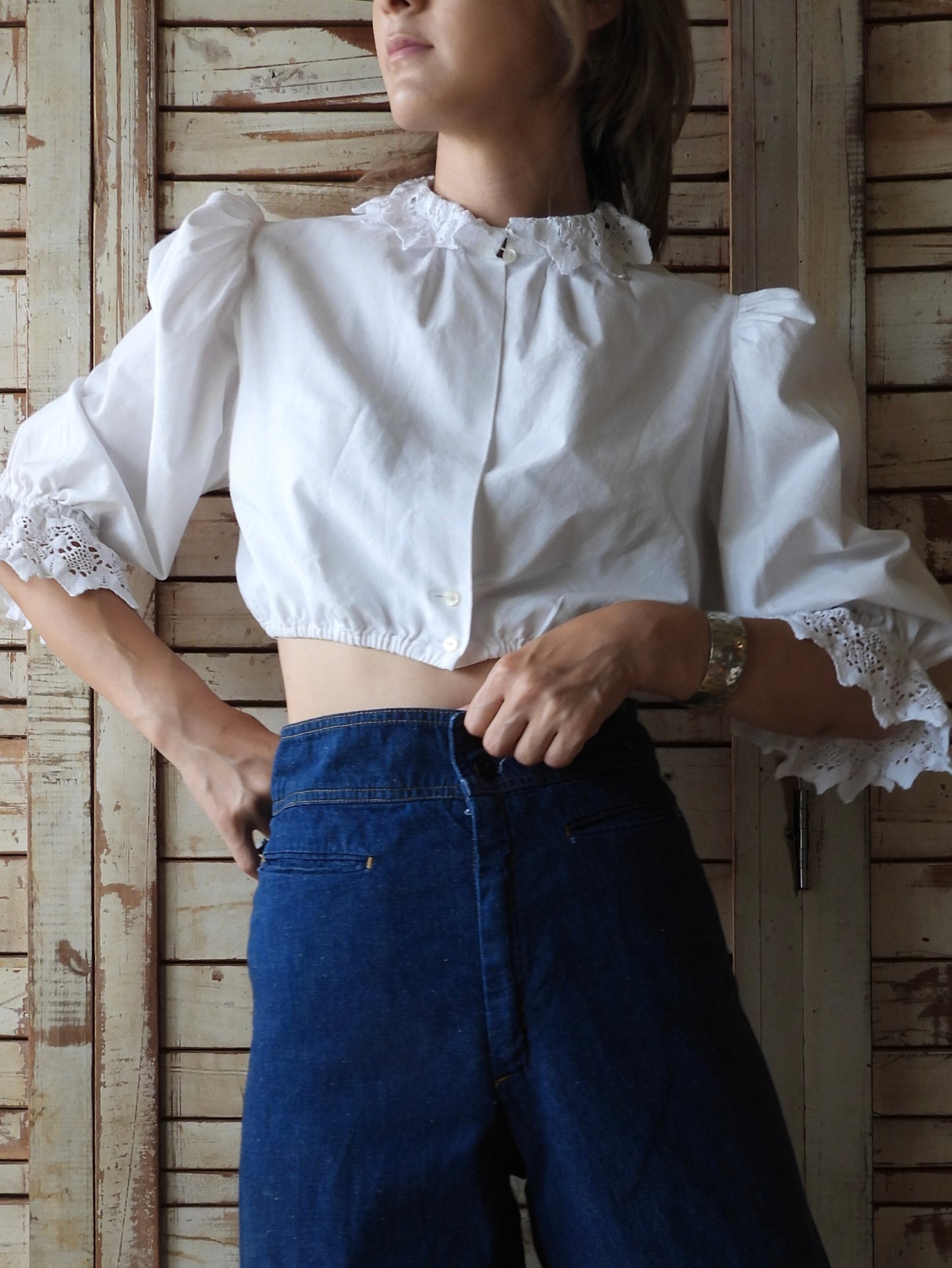 Cropped cotton blouse/WHITE