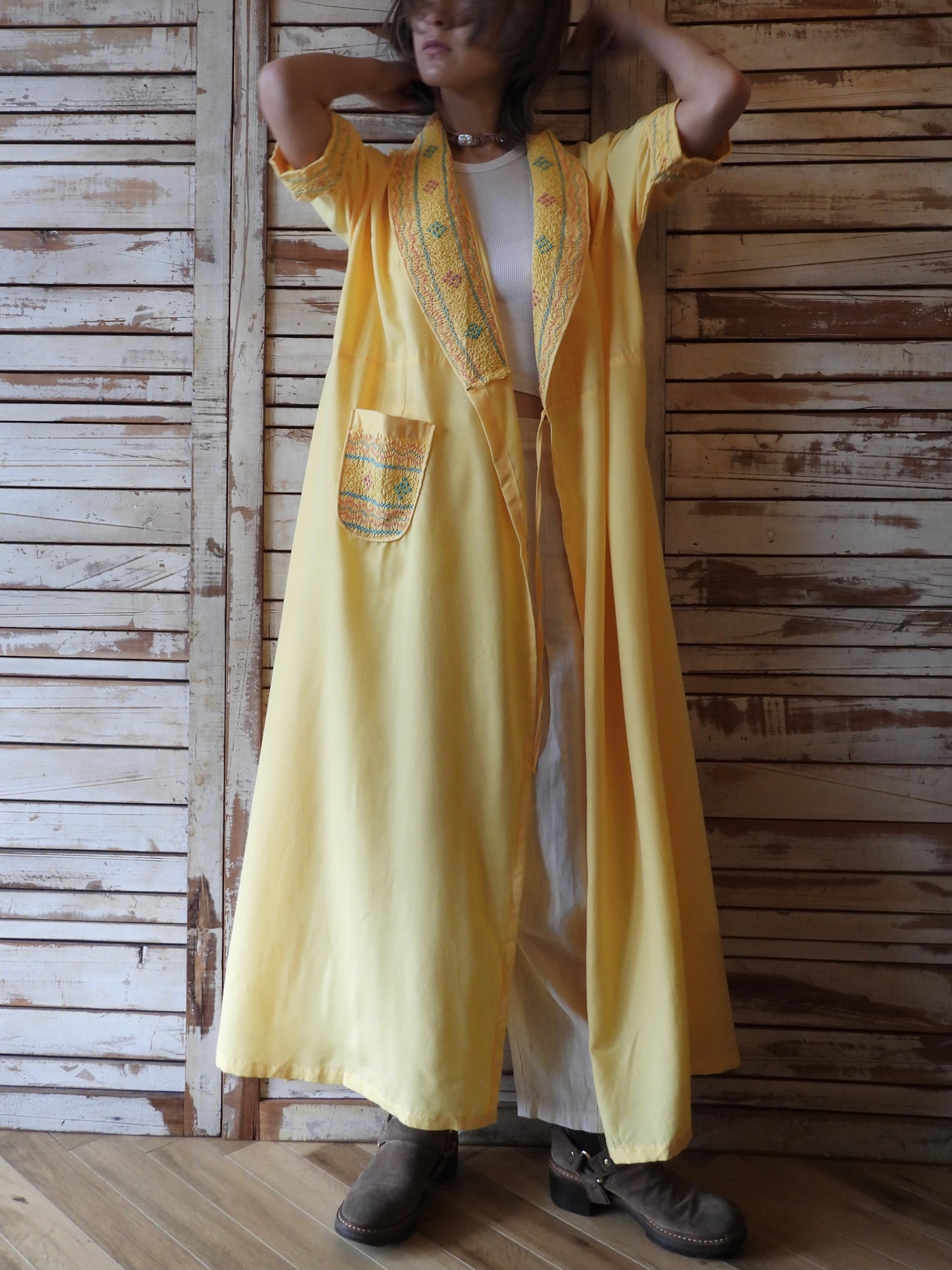 Smocking embroidered long gown dress/YELLOW