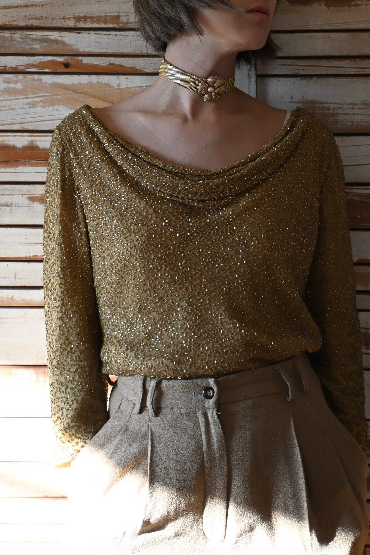 "Laurence Kazar" sequin tops/CAMEL