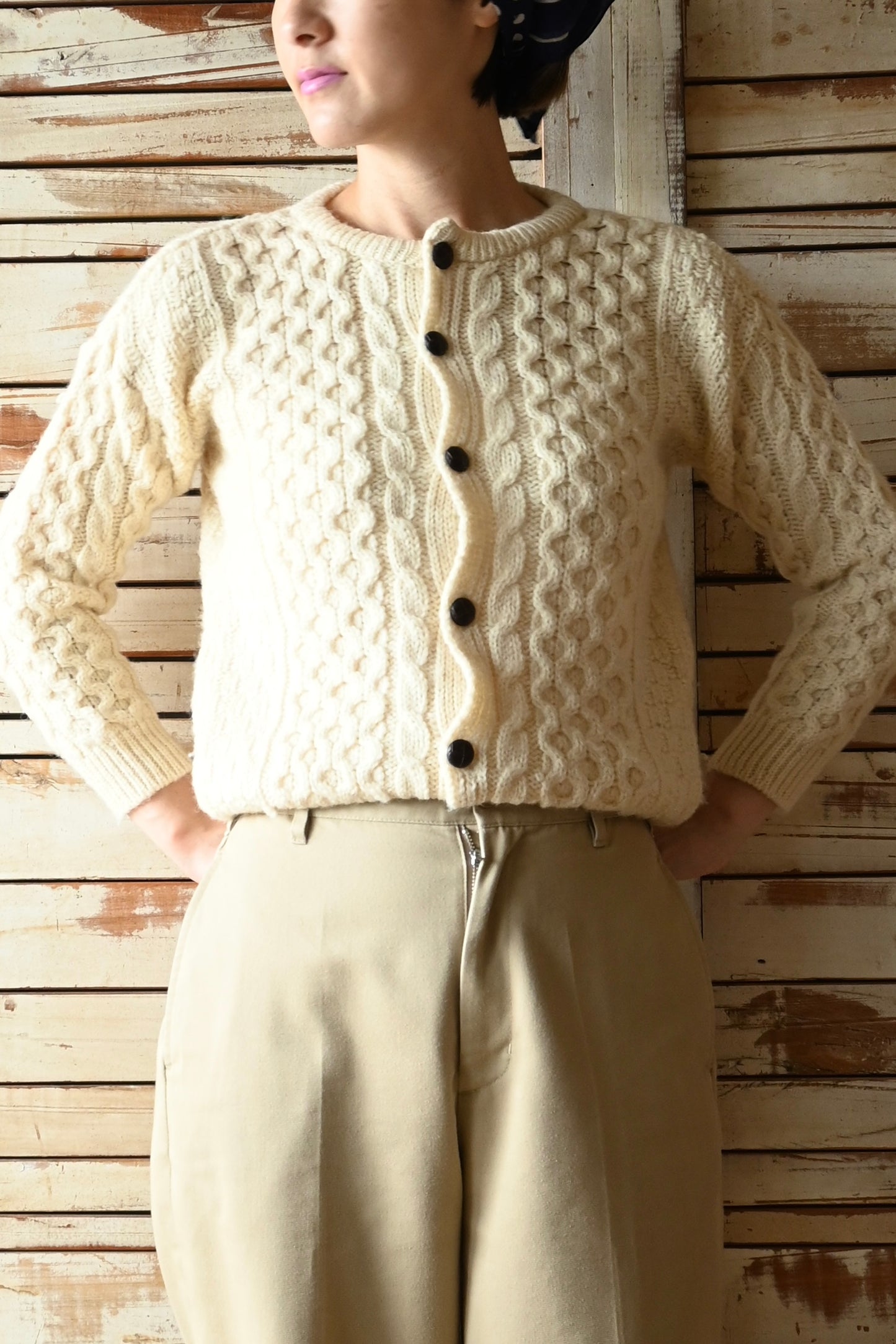 Aran knit cardigan/IVORY