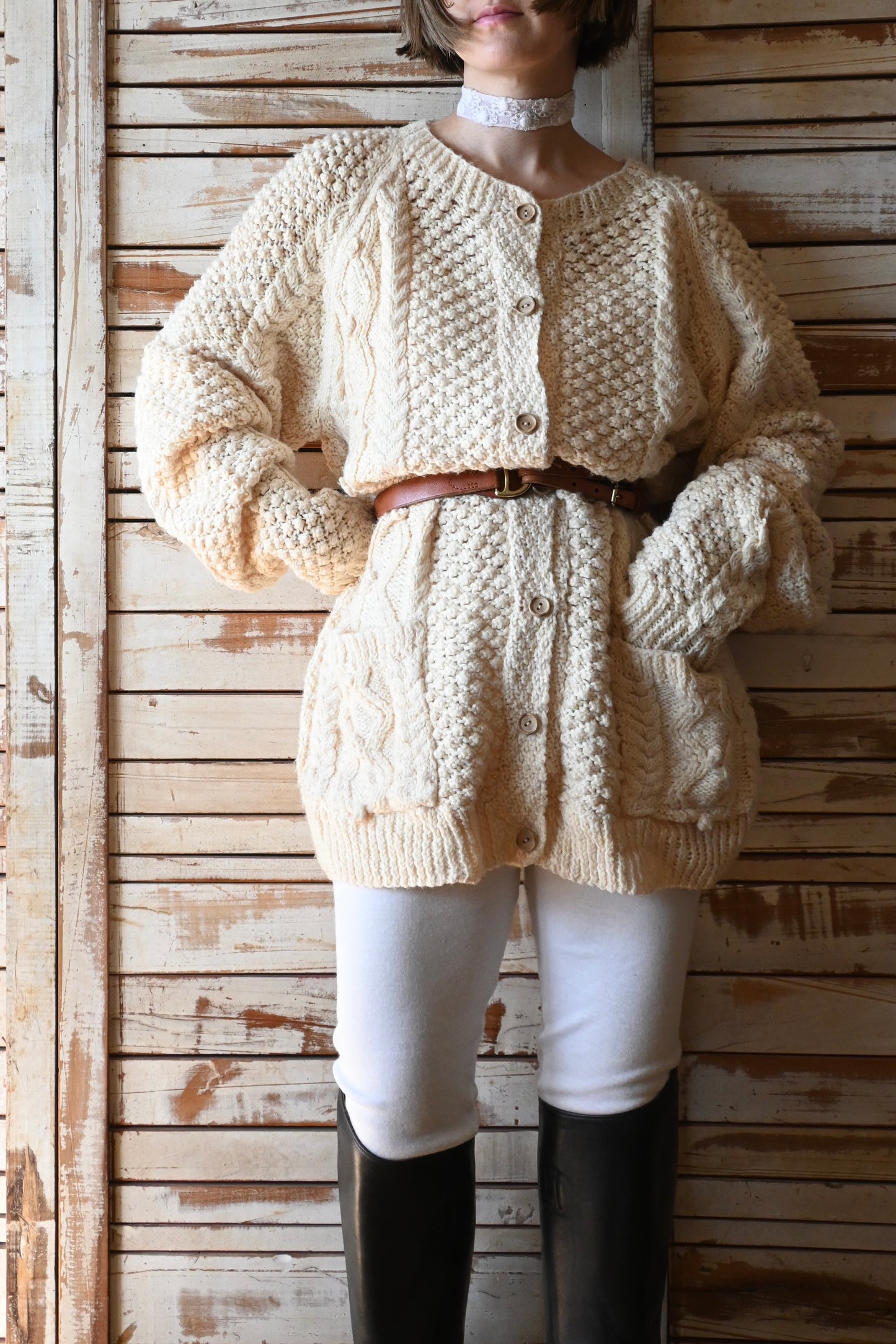 Fisherman knit cardigan/IVORY