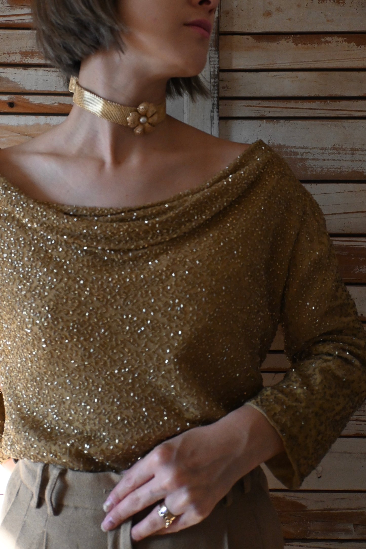 "Laurence Kazar" sequin tops/CAMEL