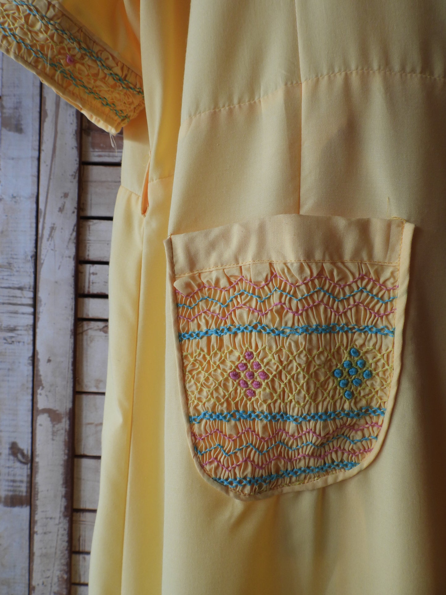 Smocking embroidered long gown dress/YELLOW