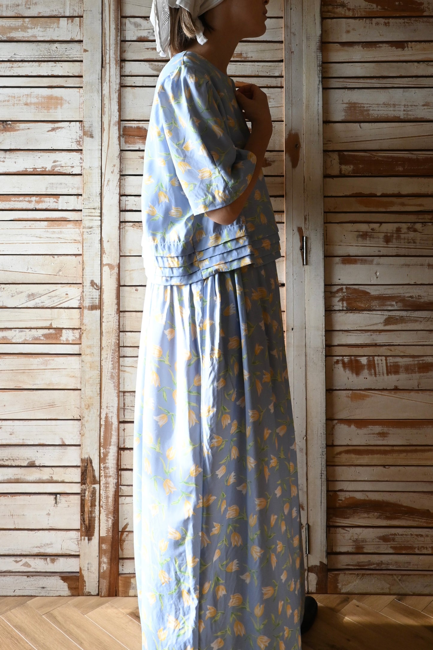 80's Flower long dress/SKY BLUE