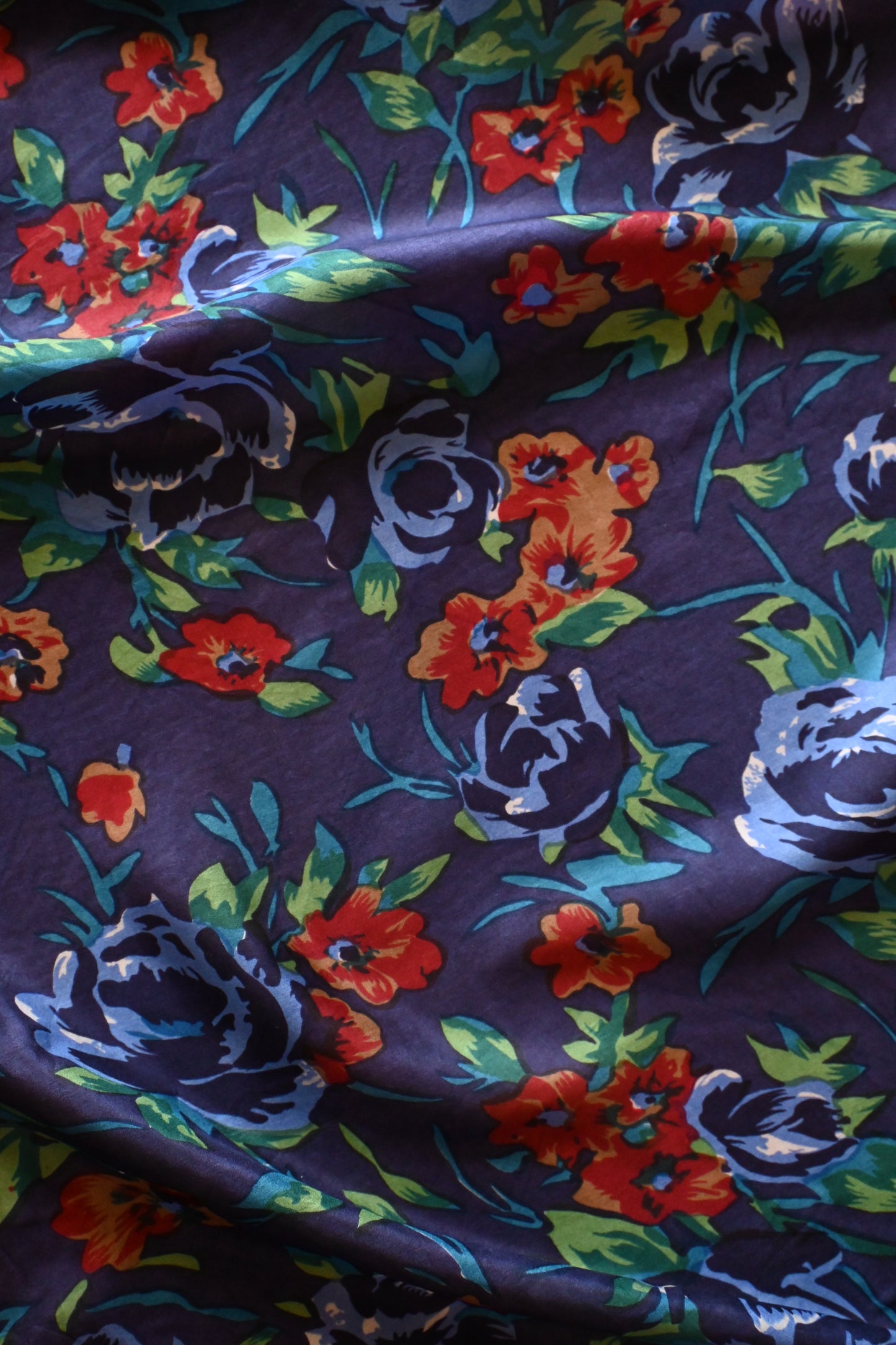 Vintage flower Silk Scarf/NAVY
